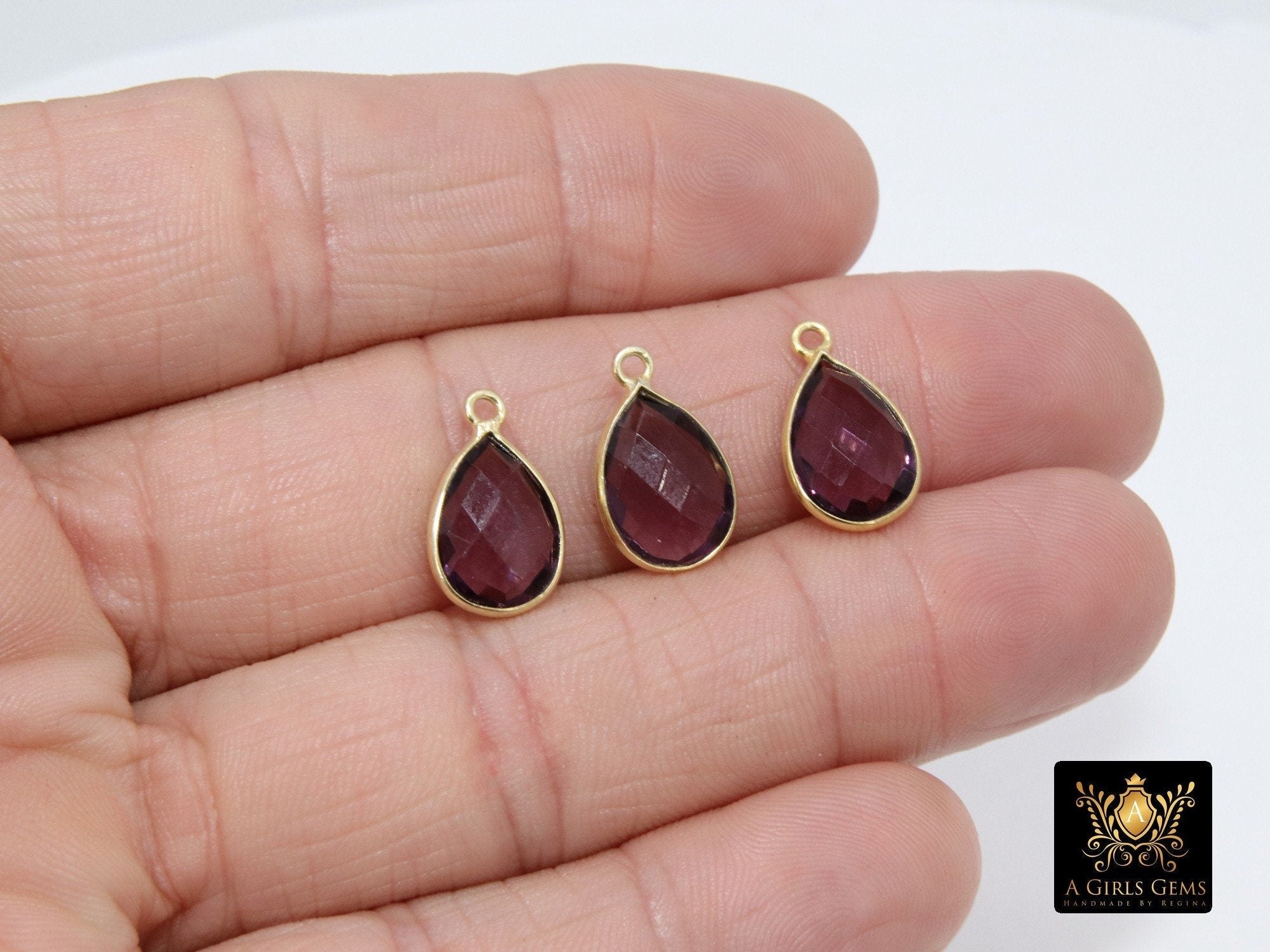 Amethyst Teardrop Charms, Gold Faceted Oval Purple Gemstone #2851, Sterling Silver Birthstone Pendants