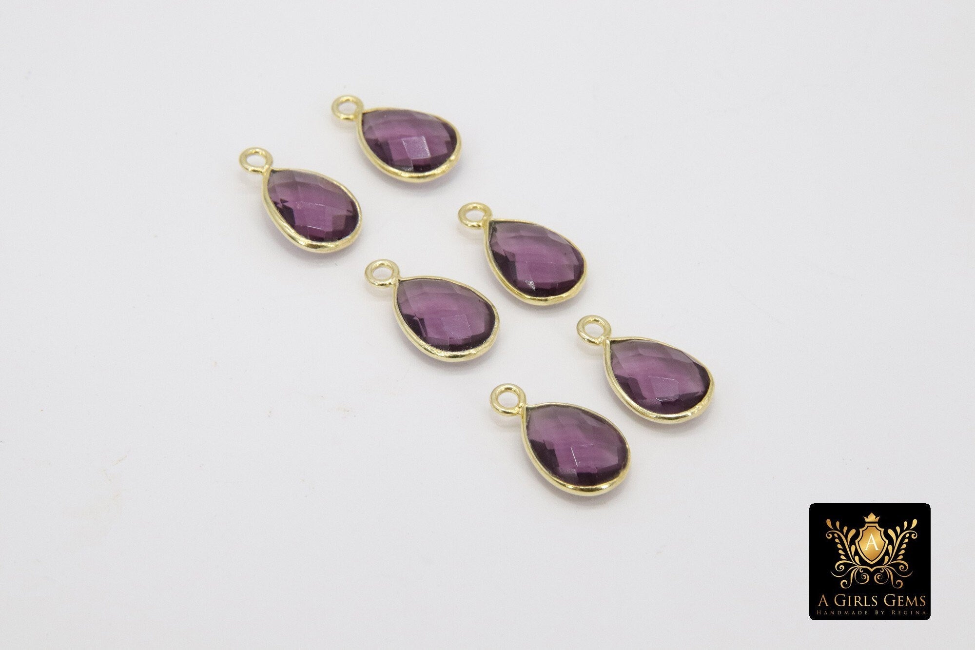 Amethyst Teardrop Charms, Gold Faceted Oval Purple Gemstone #2851, Sterling Silver Birthstone Pendants