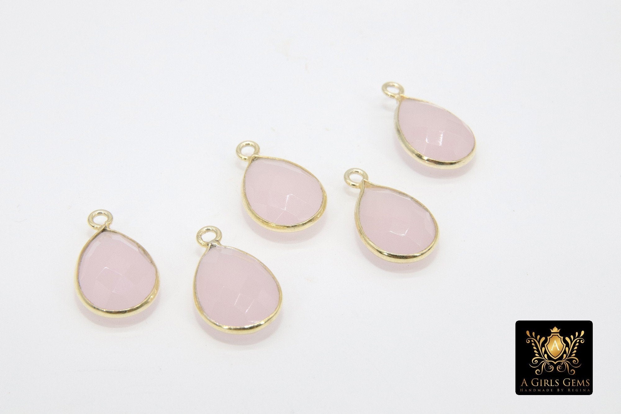 Rose Quartz Teardrop Charms, Gold Plated Oval Pink Gemstones #2848, Sterling Silver Birthstone Pendants