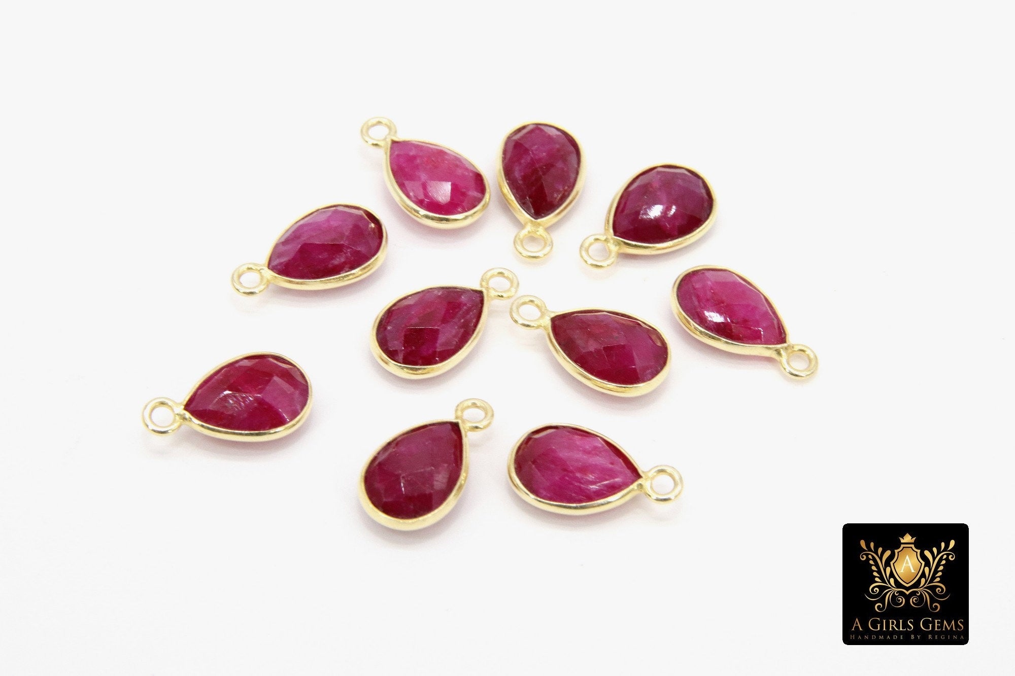 Ruby Teardrop Charms, Gold Plated Oval Blue Gemstones #2850, Sterling Silver Birthstone Pendants