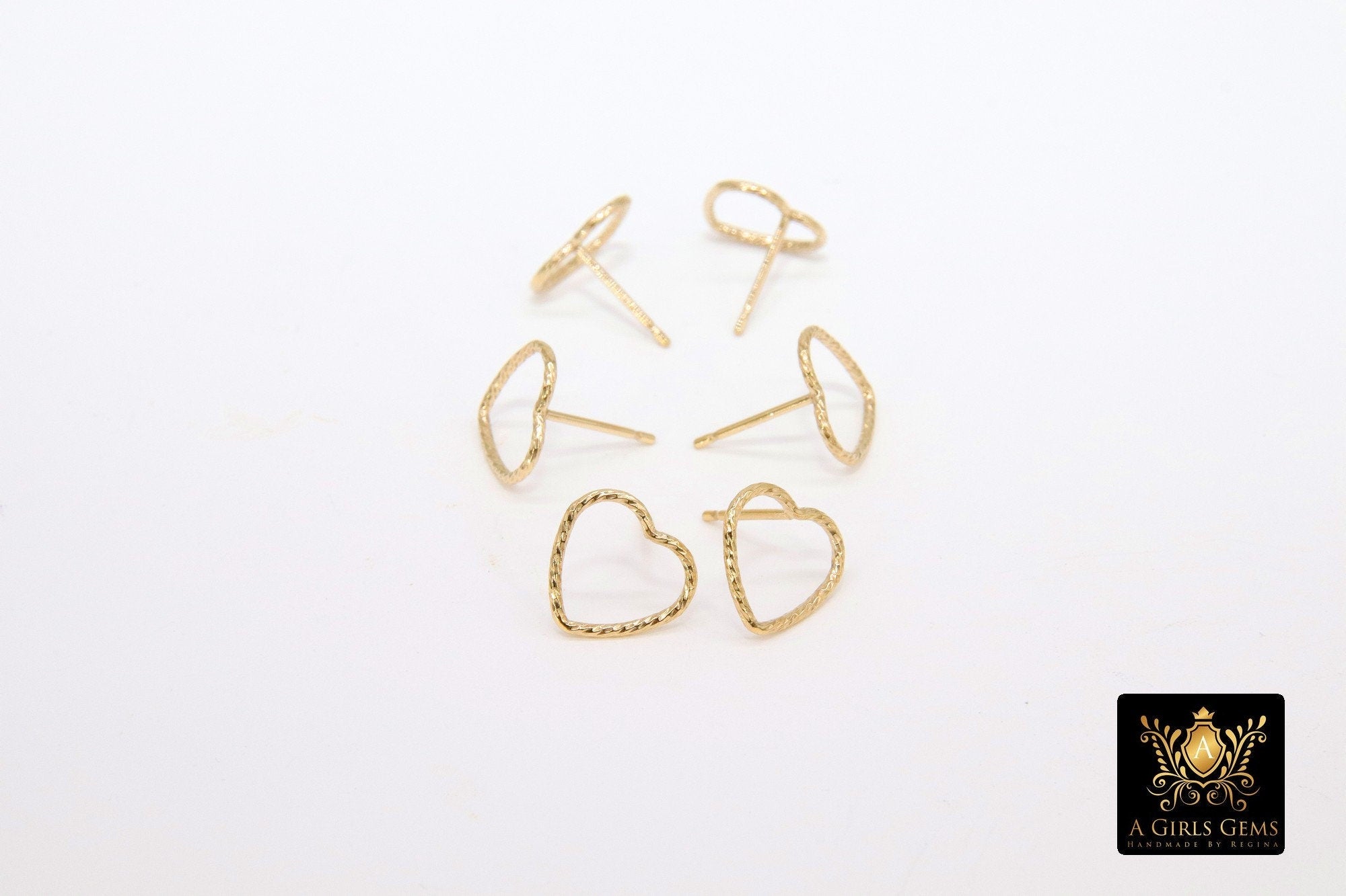 14 K Gold Hoop Stud Earrings, High Quality Gold Filled Heart Stud Post Findings #2801, 10 mm Minimalist Stud Findings