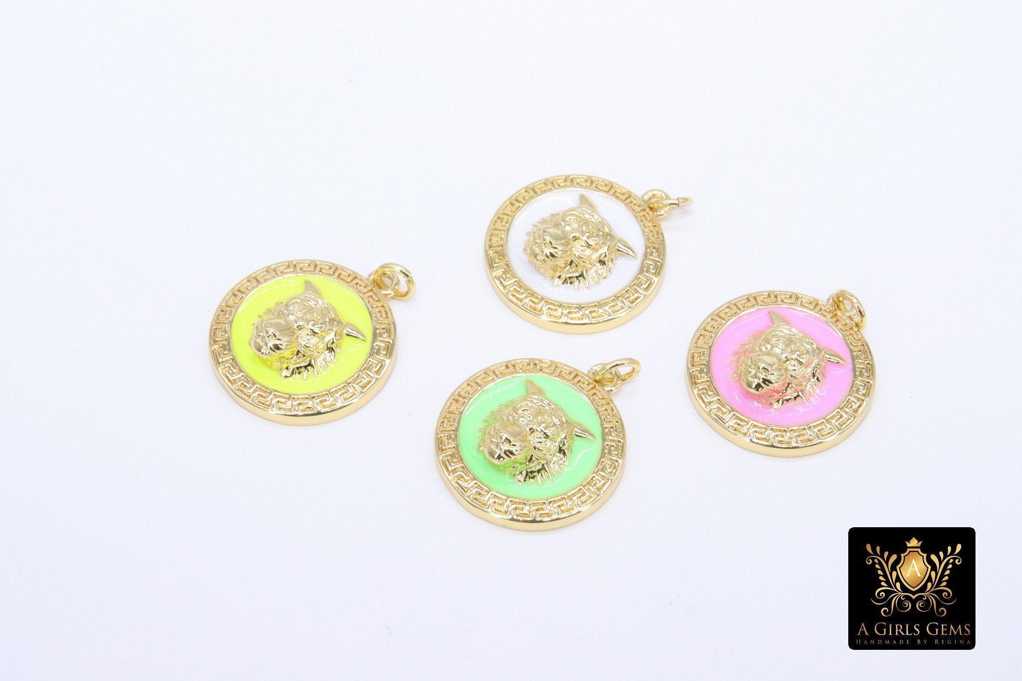 Enamel Tiger Head Charm, White and Gold Lion Head #2667, Round Disc Pink Green or Yellow