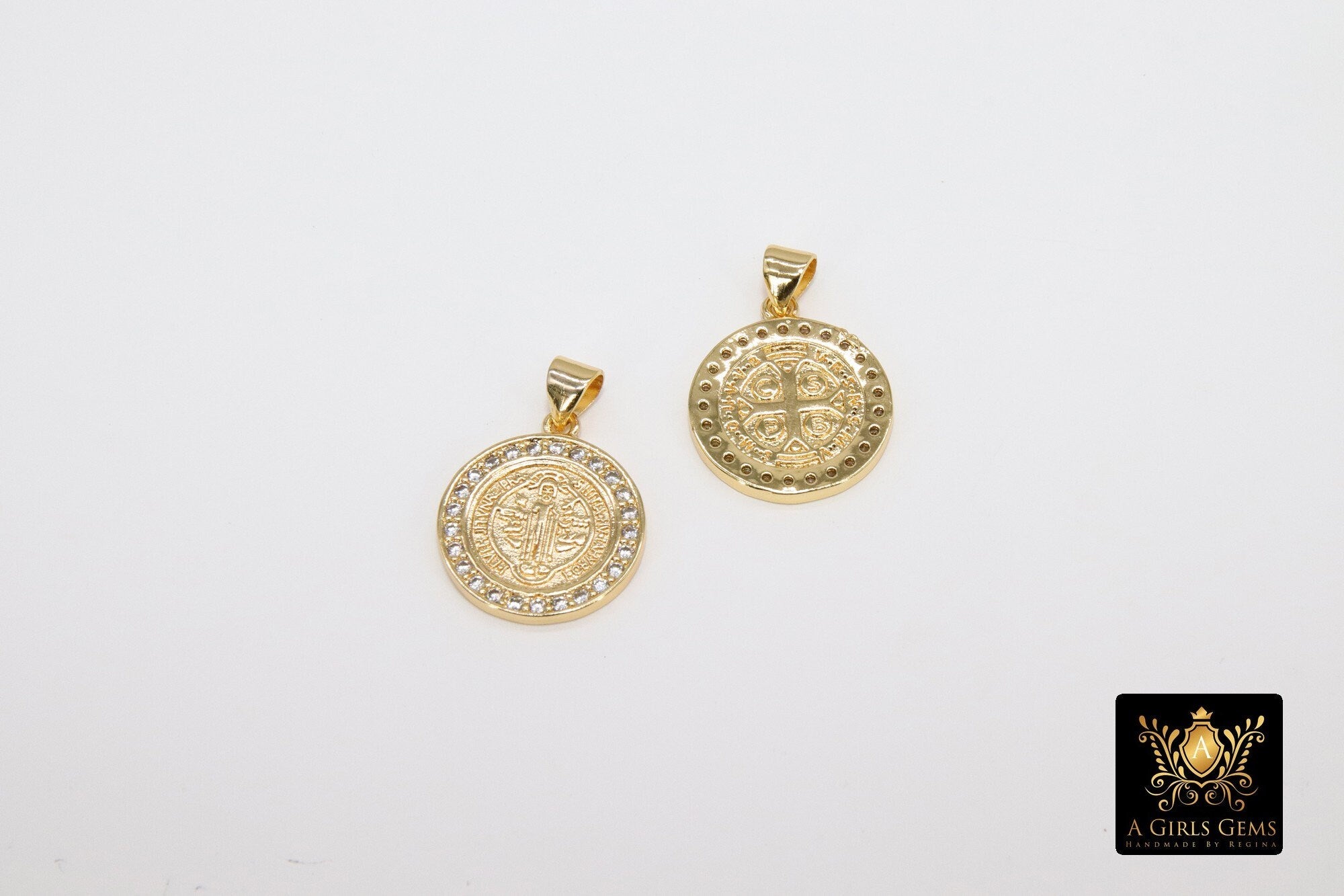 St. Benito Charms, CZ Pave Cross St. Benedict Charm AG 2733, Gold Plated Round Medallion Medals