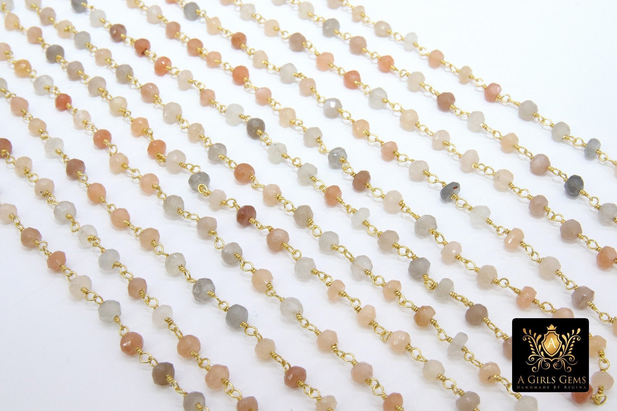 Multi Moonstone Rosary Chain, Unfinished 4 mm Beaded Beige CH #529, Gray Ivory Gold Wire Wrapped Chains