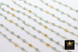 Natural Apatite Rosary Chain, 4 mm Gold Faceted Pyrite Beaded, Wire Wrapped Aqua Mint Blue by the Foot