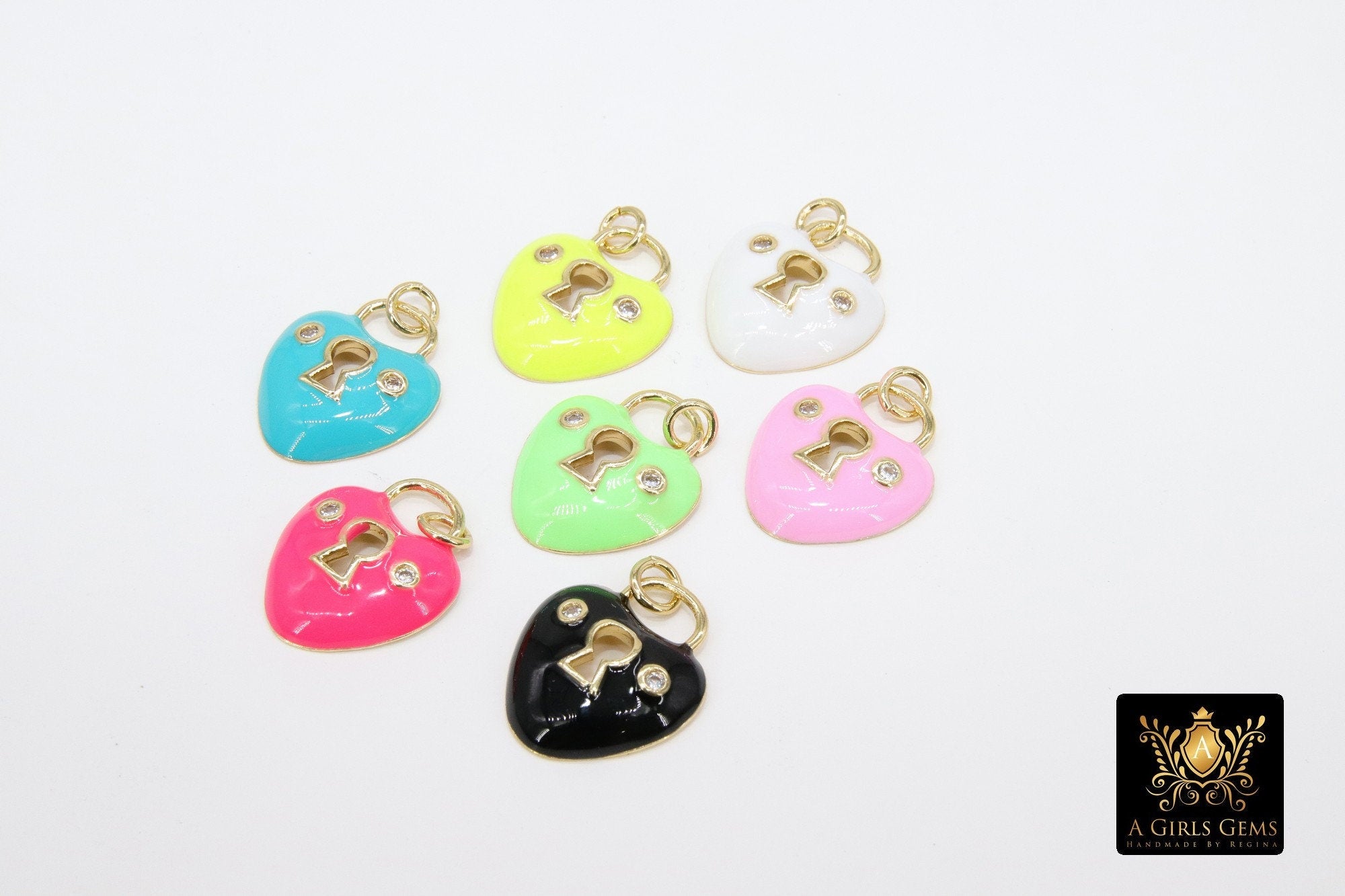 CZ Micro Pave Lock and Key Charms, Gold Enamel Heart Charms #2779, Keyhole Hearts Jewelry