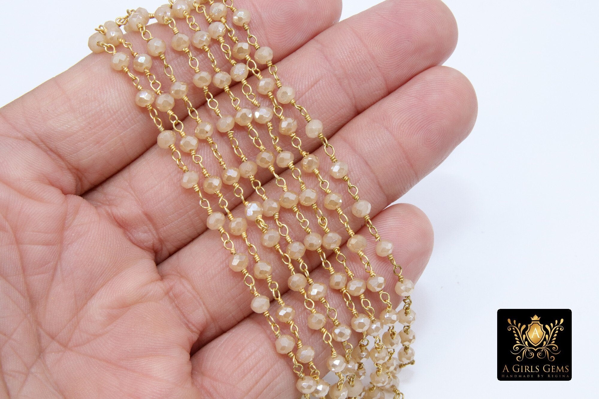 Creamy Beige Rosary Chain, 6 mm Chains for Jewelry CH #414, Gold Wire Wrapped