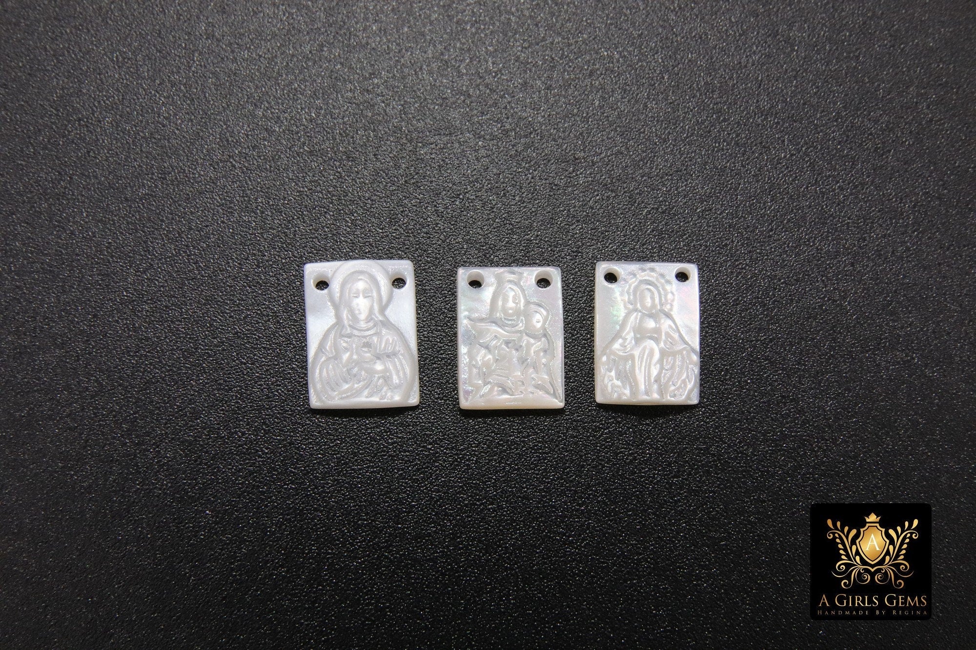 925 Sterling Silver Madonna and Child Scapular Necklace, 14 K Gold Filled Mother of Pearl Jesus Figaro Chain #615, Virgin Mary Medal
