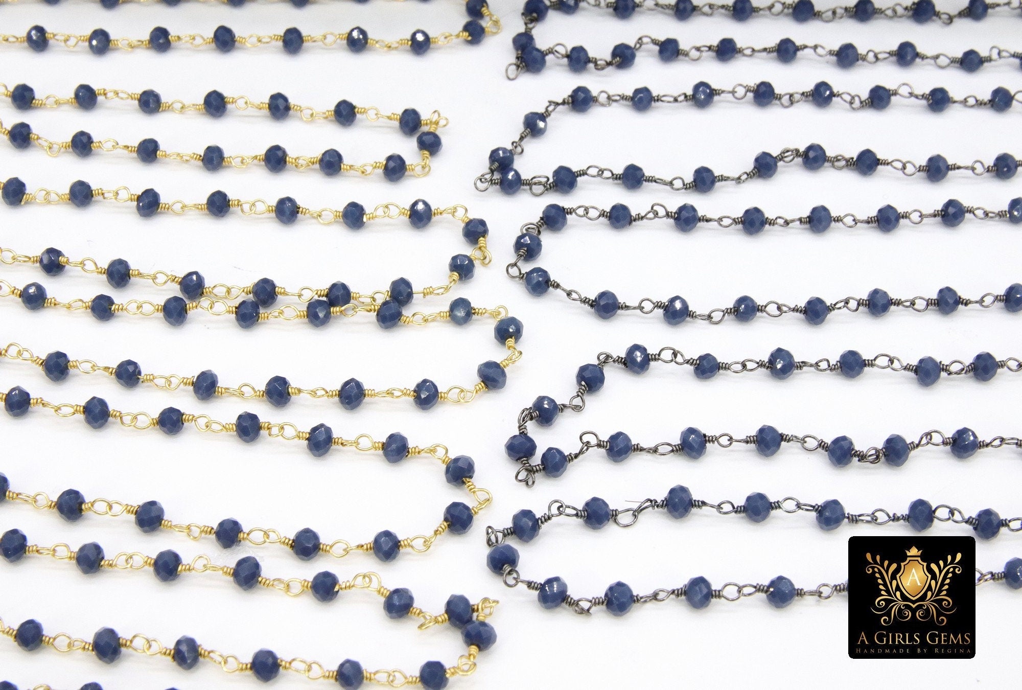 Sapphire Blue Crystal Rosary Chain, 4 mm Unfinished Navy Beaded Chain CH #425, Gold or Gunmetal Black Plated Wire Wrapped