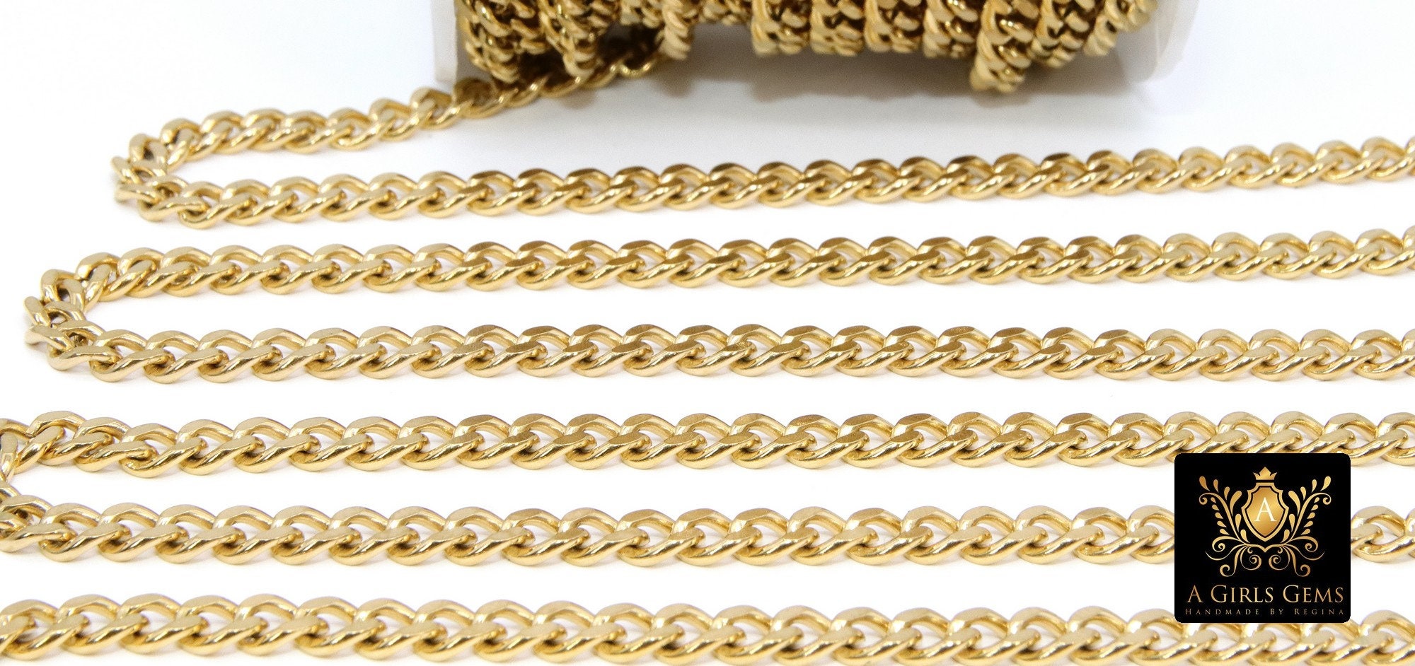 Gold Curb Chain, 6 mm Stainless Steel Heavy Flat 304 Cuban CH #216, Vacumn Plated Diamond Cut Oval Unfinished Chains