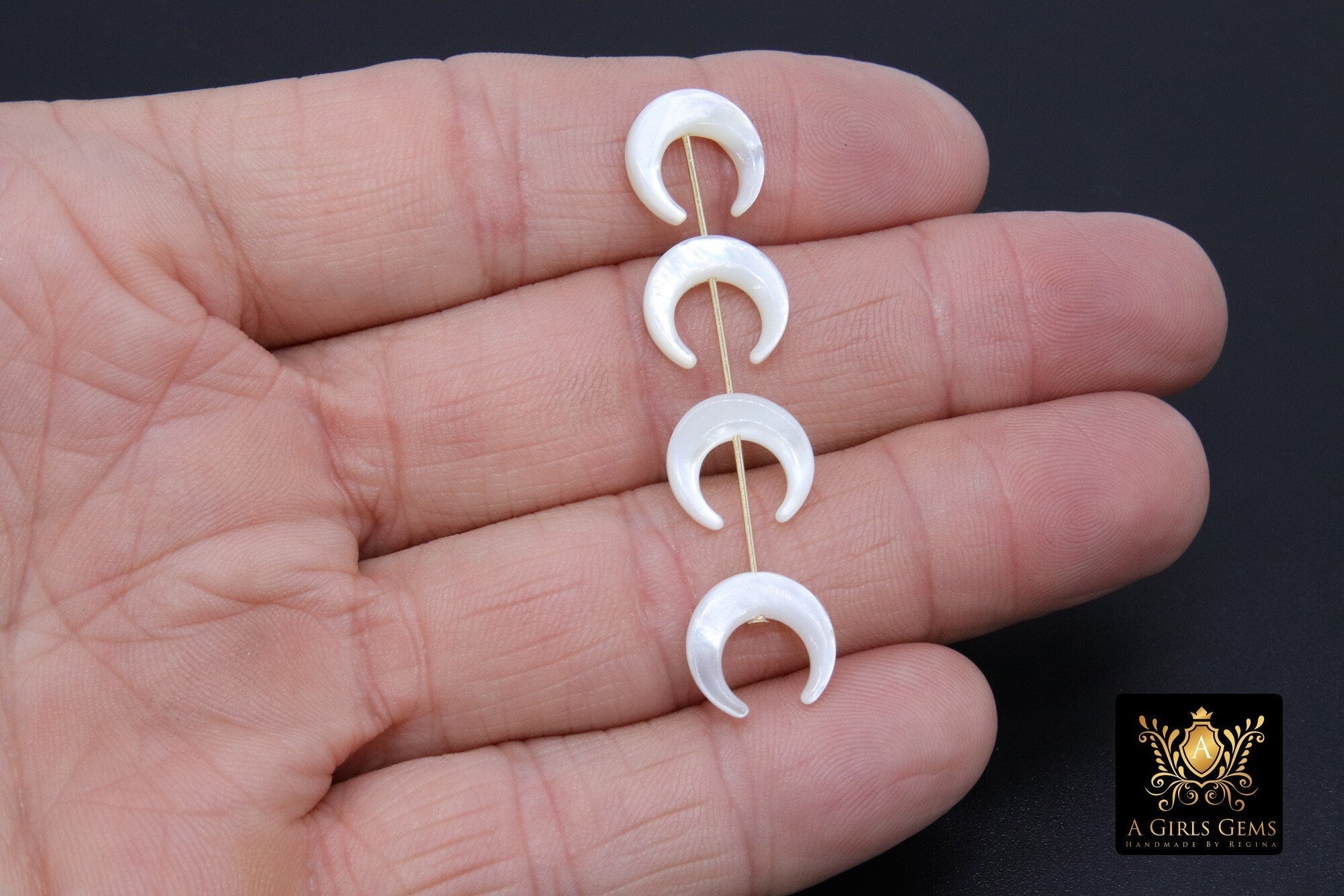 Double Horn Charm, 12 mm Tiny Mother of Pearl Crescent Moon Beads #25, White Boho Horn Drilled 1 mm Hole