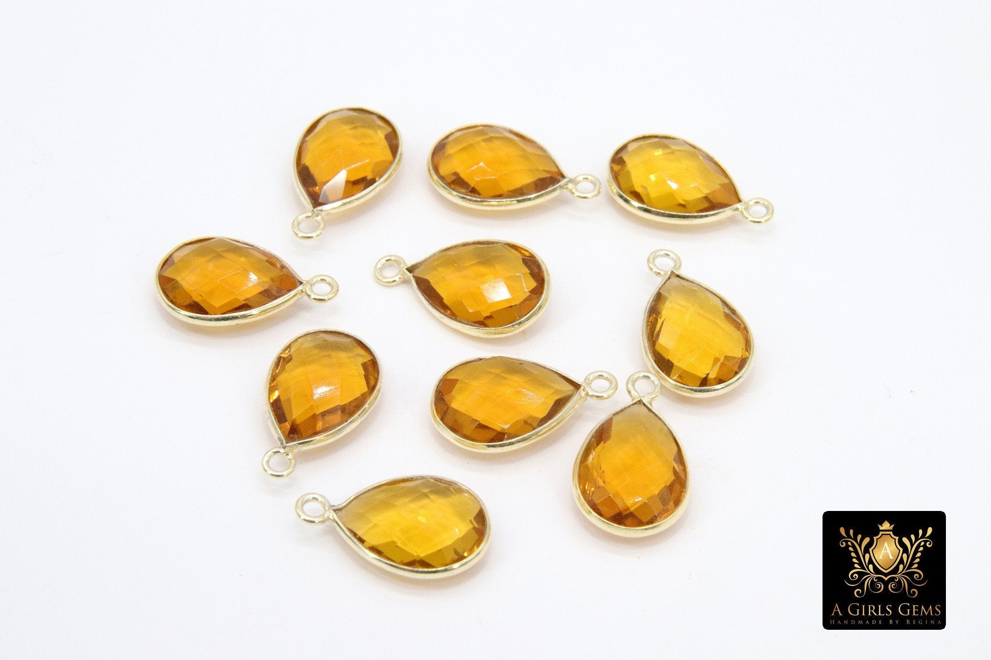 Citrine Teardrop Charms, Gold Plated Oval Yellow Gemstone #2847, Sterling Silver Birthstone Pendants