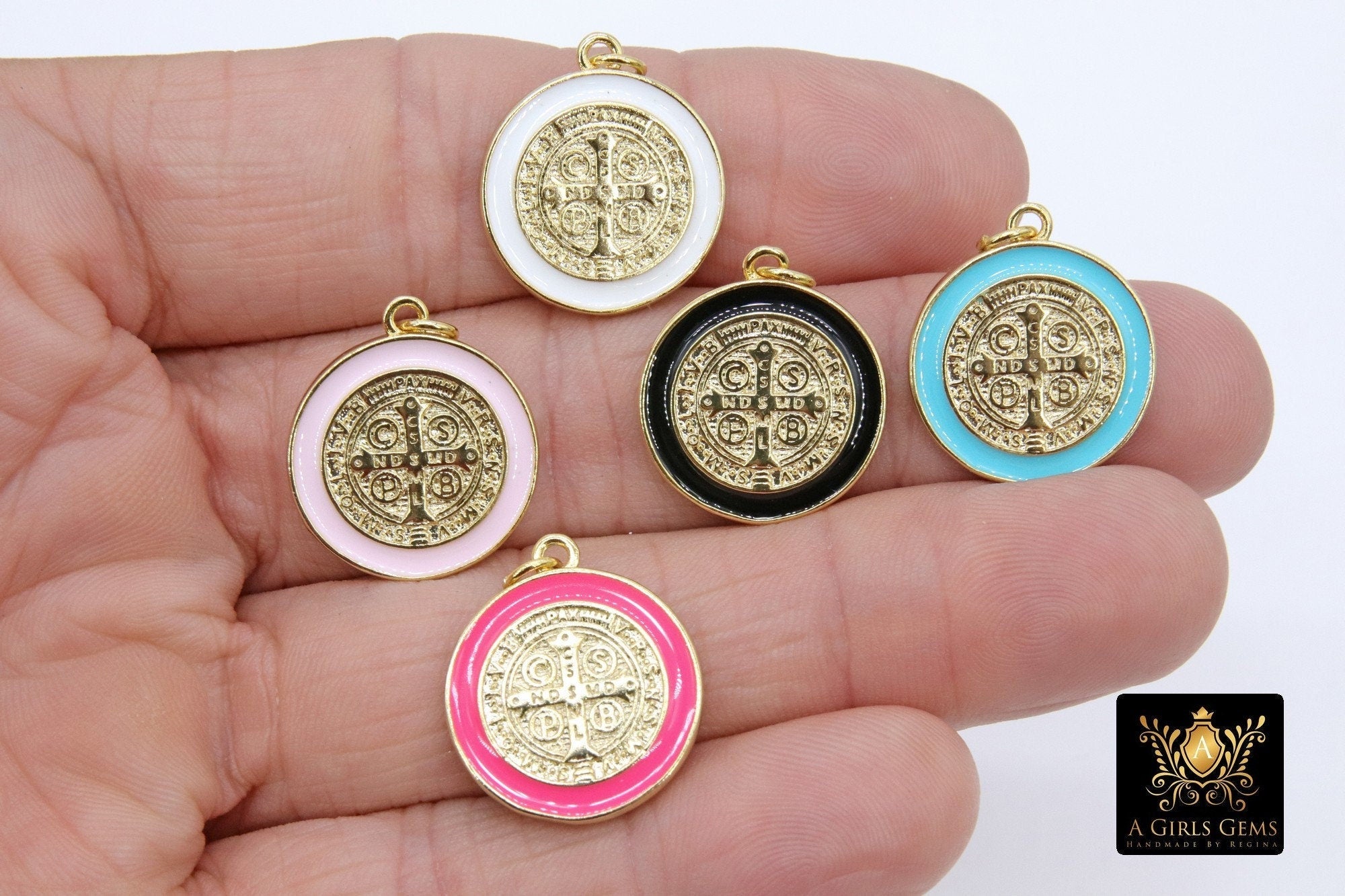 St. Benito Charms, Cross Charms in Aqua Blue Pink Black White Enamel #942, St. Benedict Rosary Bracelet