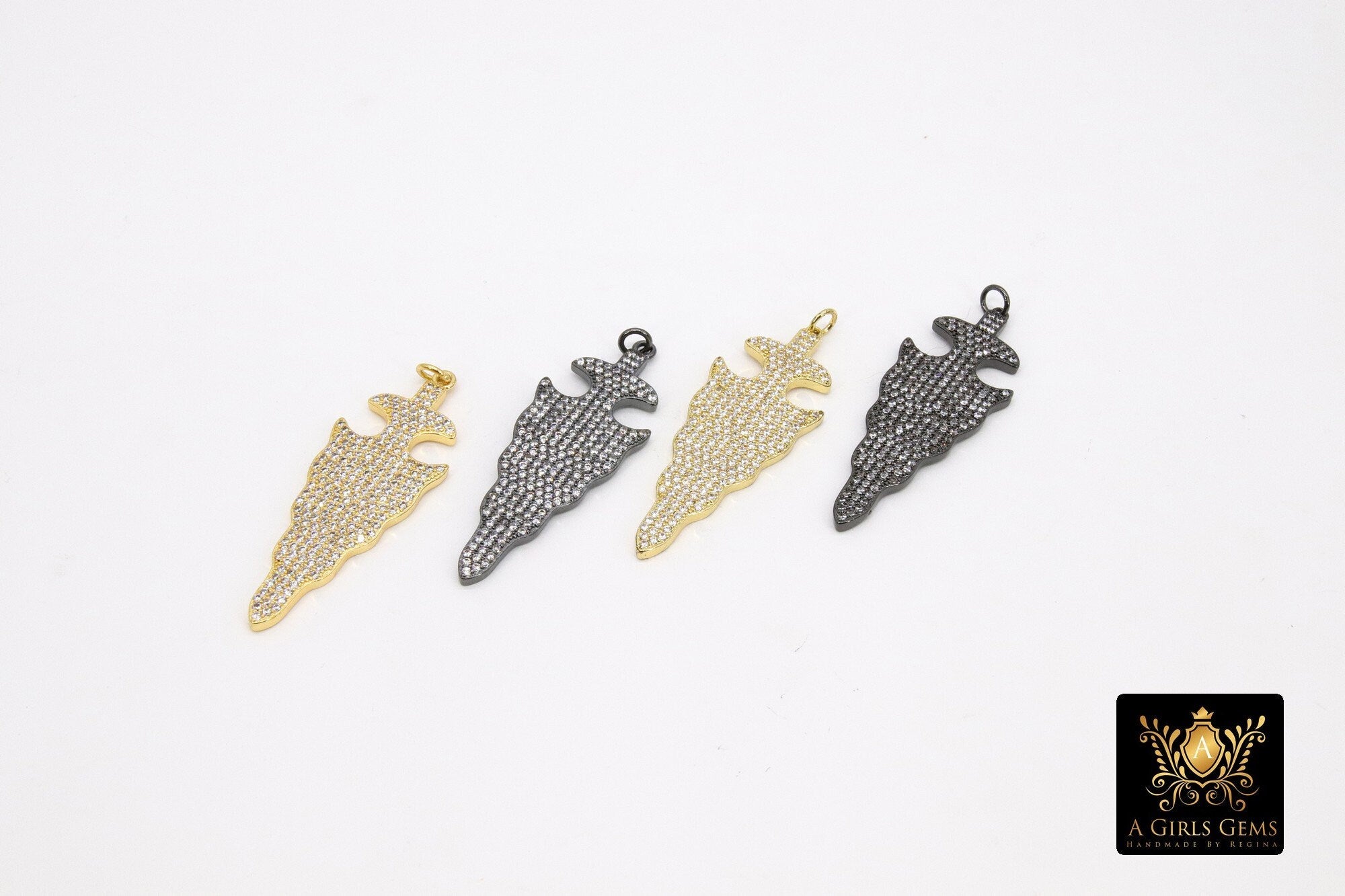CZ Dagger Charms, Micro Pave Cubic Zirconia Arrowhead Charm #300, Gold or Black Plated Triangle Shape Arrow Pendants