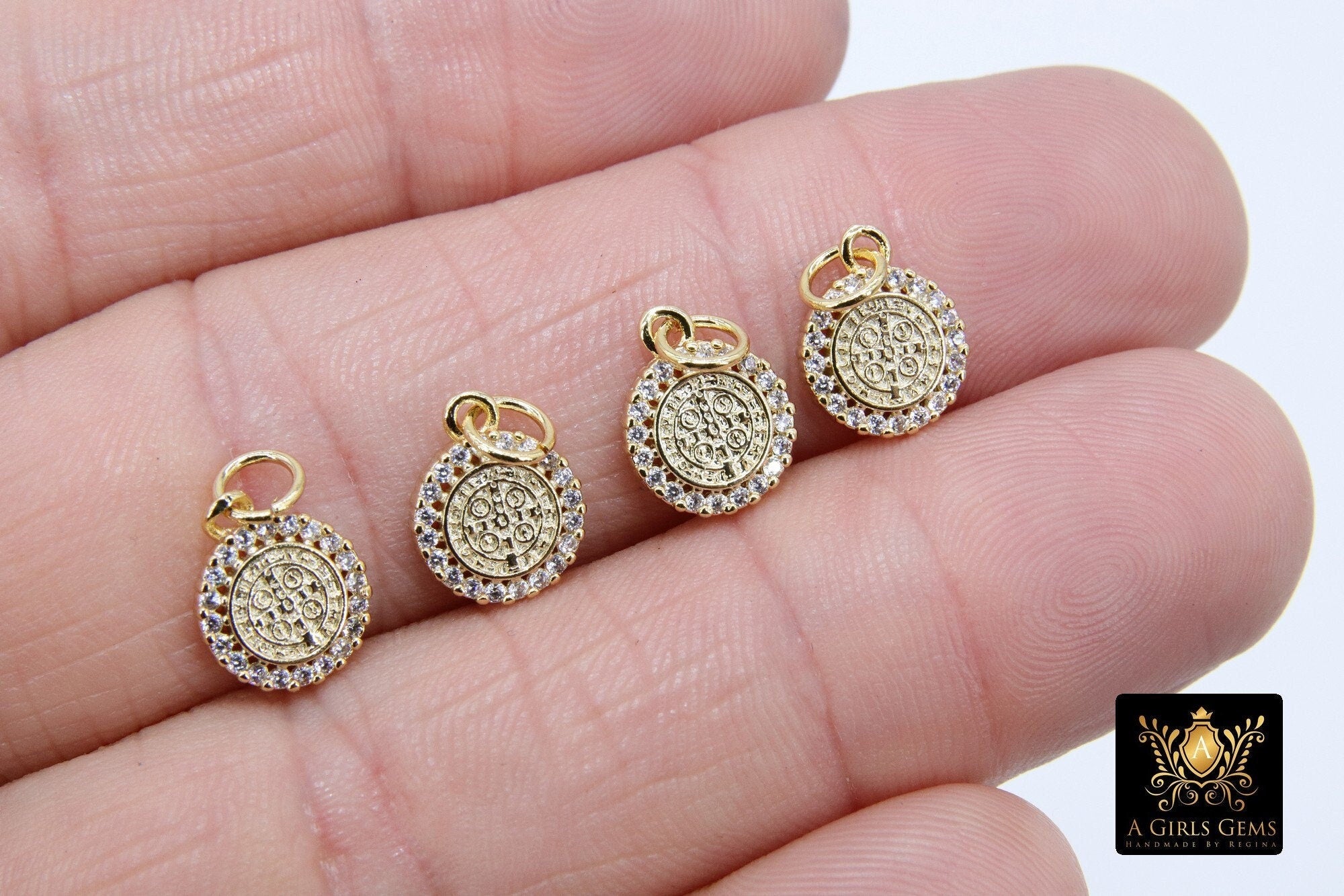 Tiny St. Benito Charms, CZ Pave 9 mm Cross St. Benedict Charm #2834, Gold Plated Round Medallion Medals