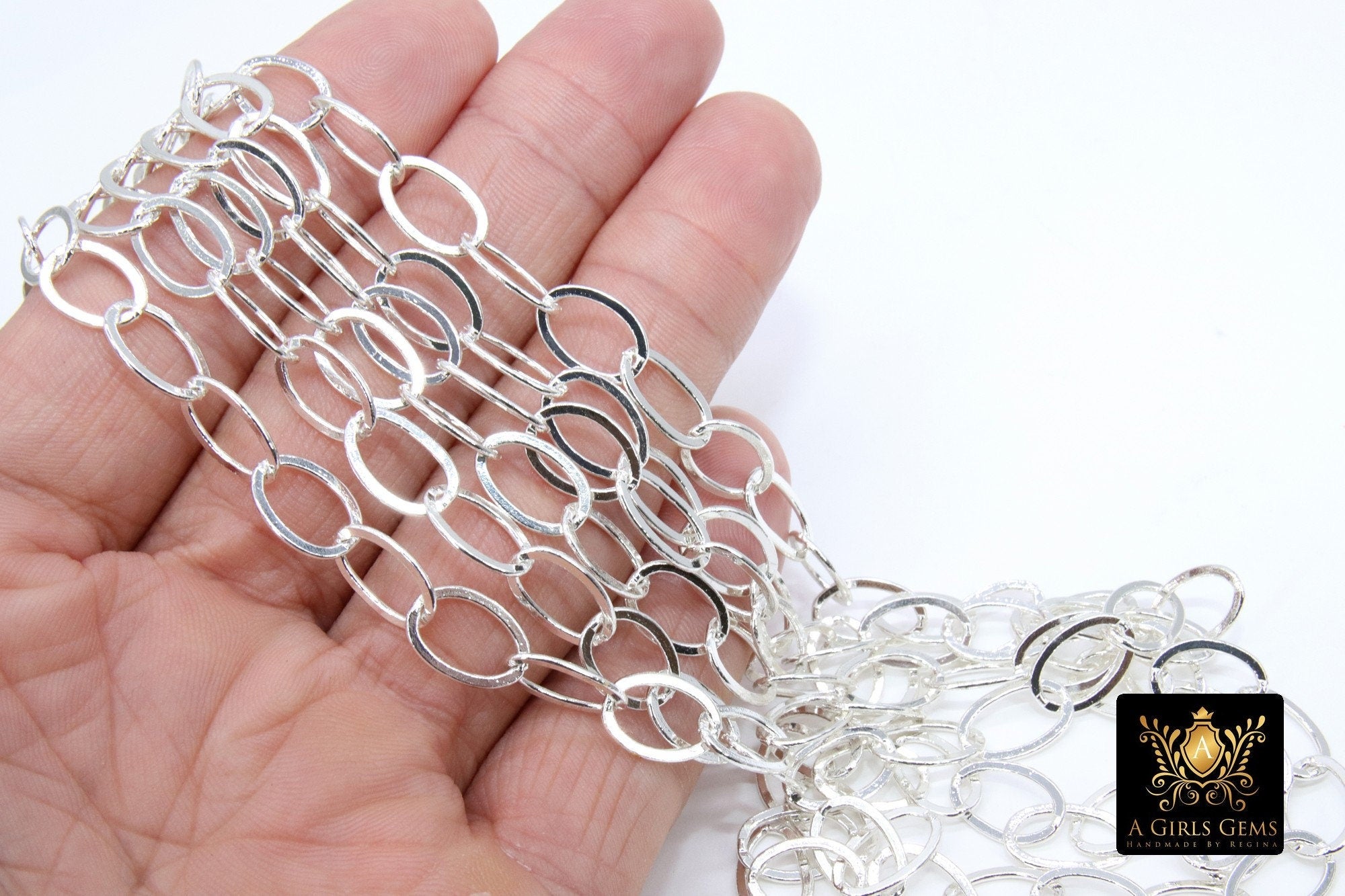 Silver Oval Chain, Gold Flat Oval Cable Chains CH #202, Unfinished 8 x 10 mm Gold Rolo Oblong Paperclip Chains