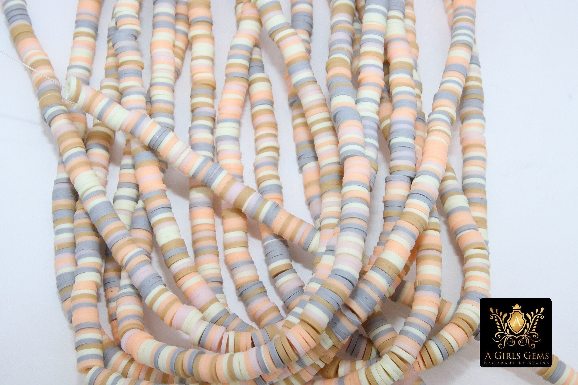 2 Strands 6 mm Clay Flat Beads, Pink Ivory Peach Gray Heishi beads in Polymer Clay Disc CB #133, Rondelle Multi Color