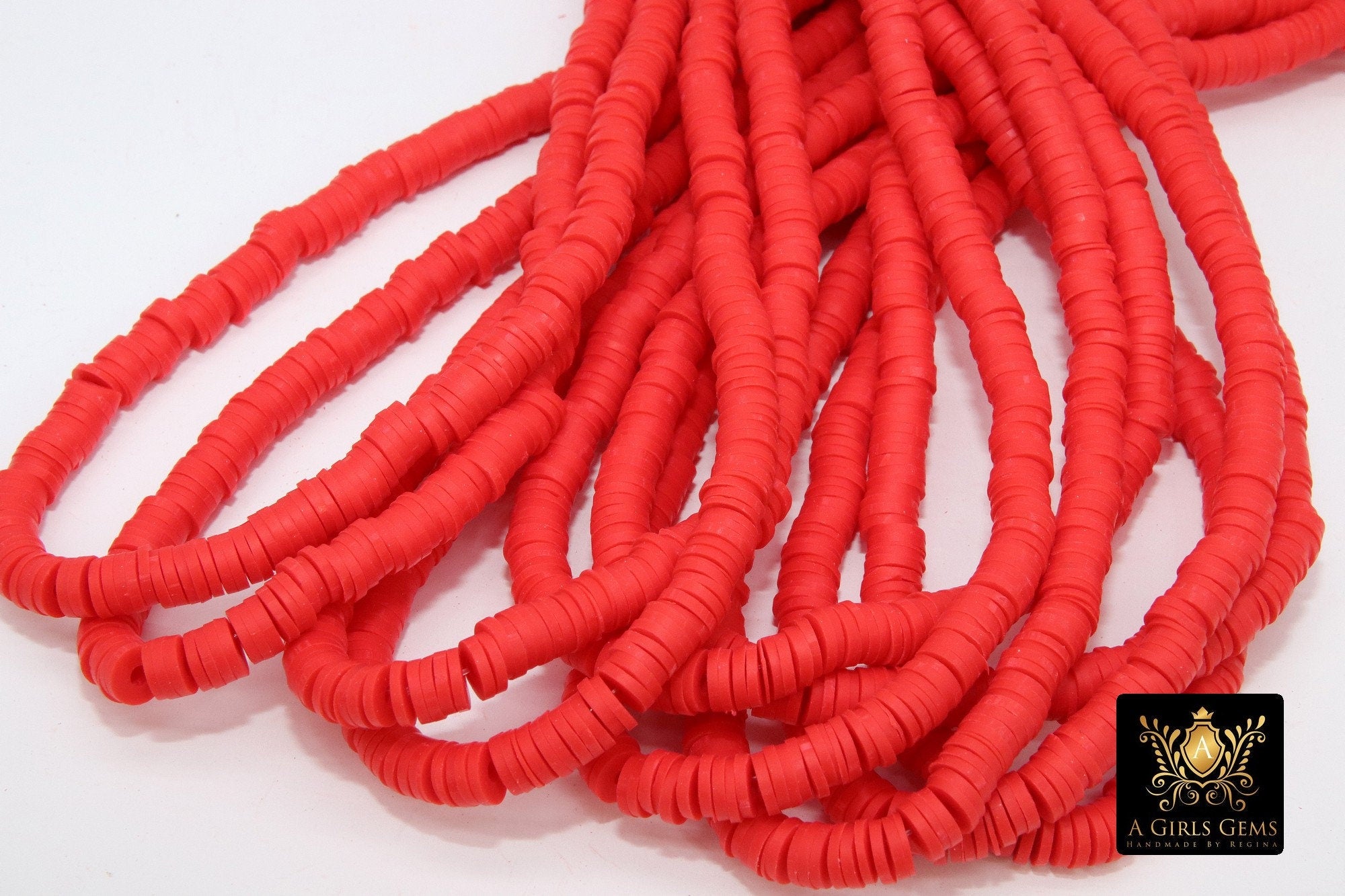2 Strands 6 mm Clay Flat Beads, Red Heishi beads in Polymer Clay Disc CB #135, Bright Red Rondelle Multi Color