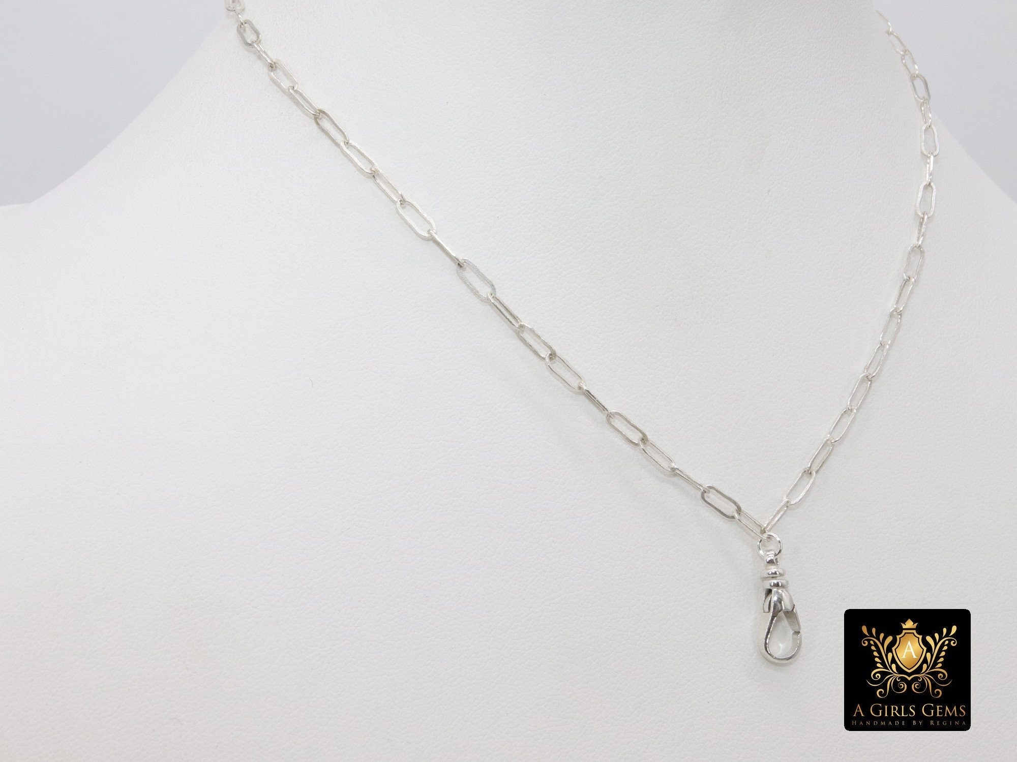 Silver Swivel Fob Chain Necklace, 925 Sterling Silver Drawn Rectangle Chain, Front Clasp Paperclip Chain Link Choker