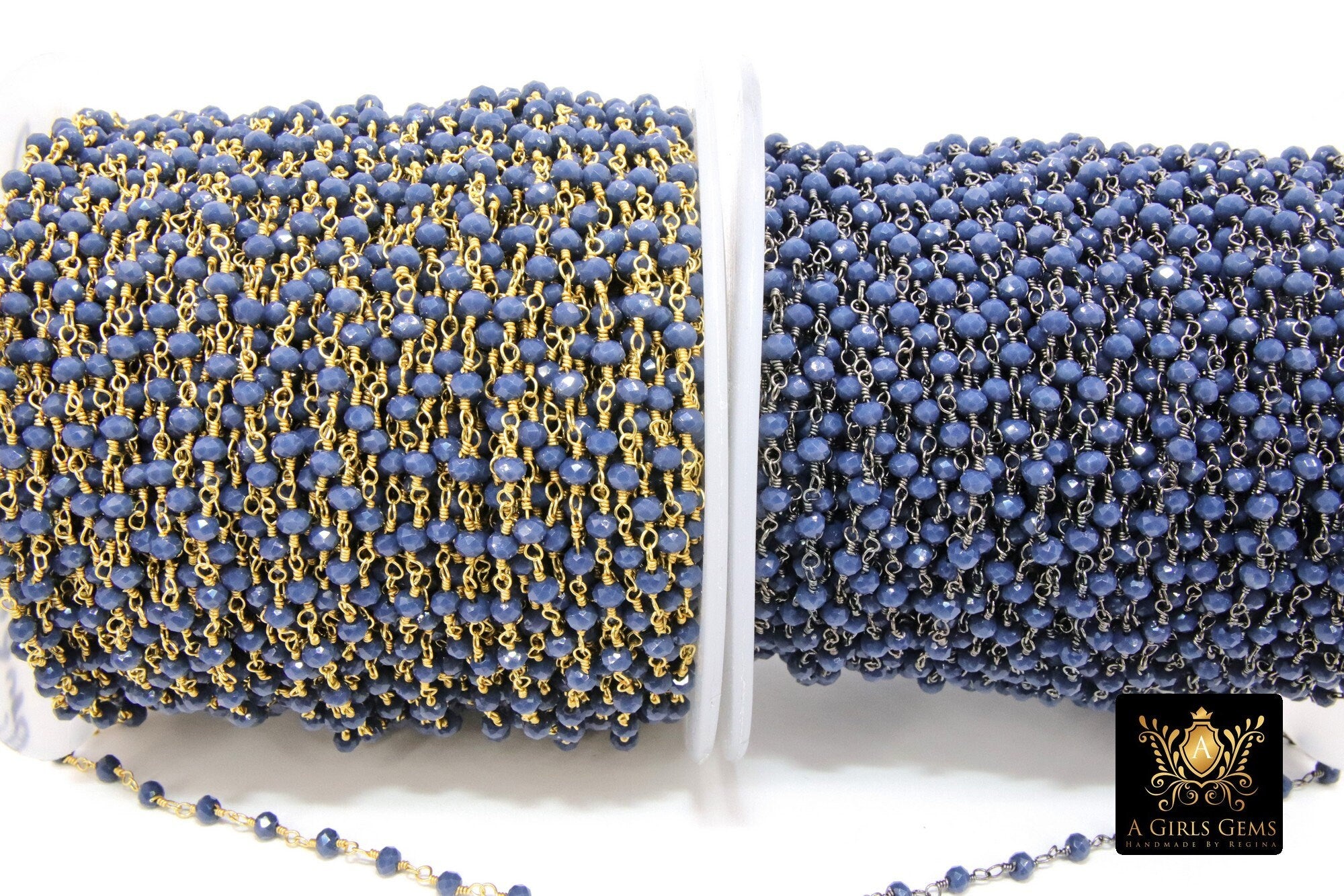 Sapphire Blue Crystal Rosary Chain, 4 mm Unfinished Navy Beaded Chain CH #425, Gold or Gunmetal Black Plated Wire Wrapped
