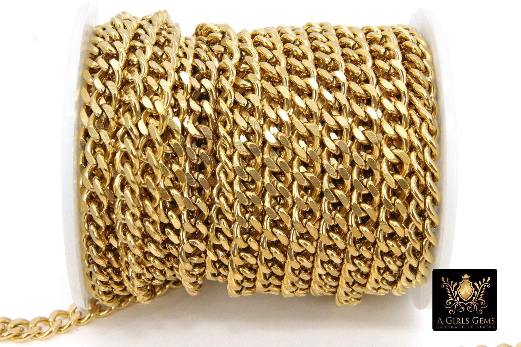 Gold Curb Chain, 6 mm Stainless Steel Heavy Flat 304 Cuban CH #216, Vacumn Plated Diamond Cut Oval Unfinished Chains