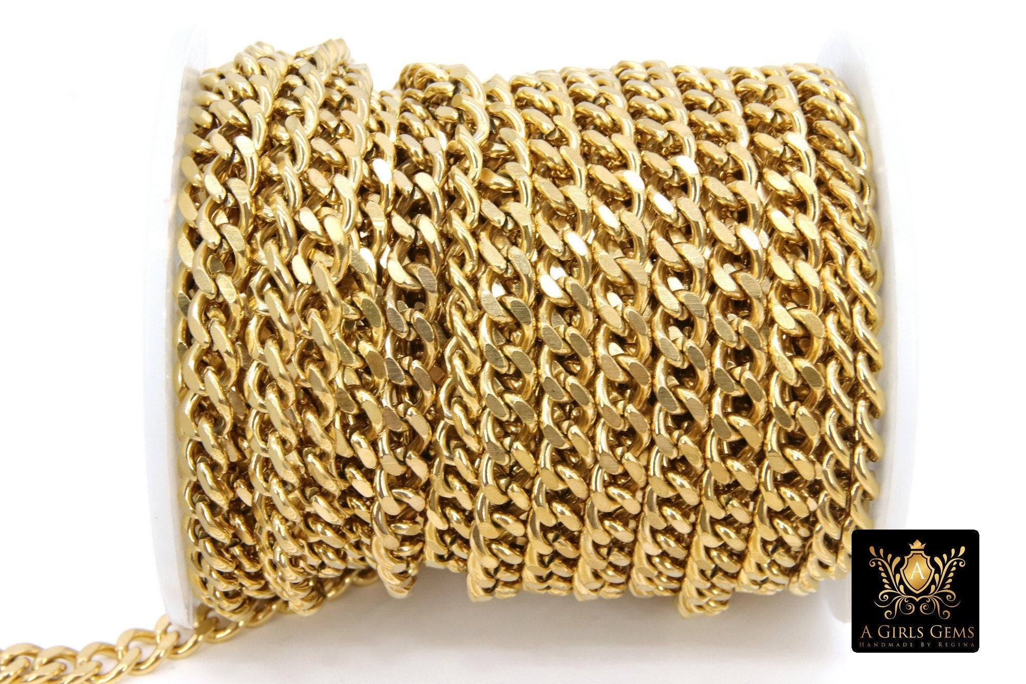 Gold Curb Chain, 6 mm Stainless Steel Heavy Flat 304 Cuban CH #216, Vacumn Plated Diamond Cut Oval Unfinished Chains