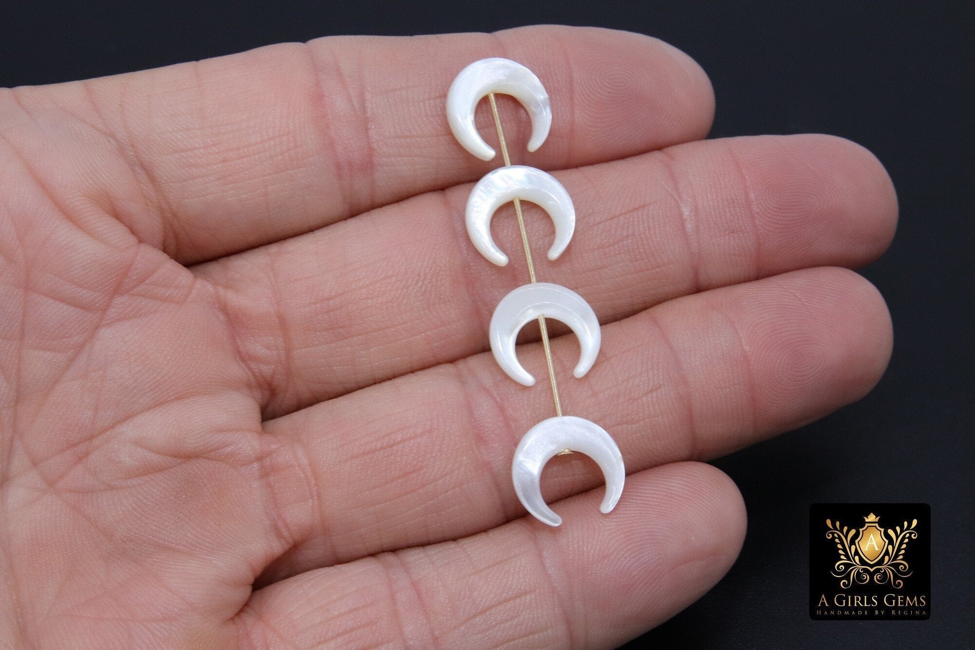 Double Horn Charm, 12 mm Tiny Mother of Pearl Crescent Moon Beads #25, White Boho Horn Drilled 1 mm Hole