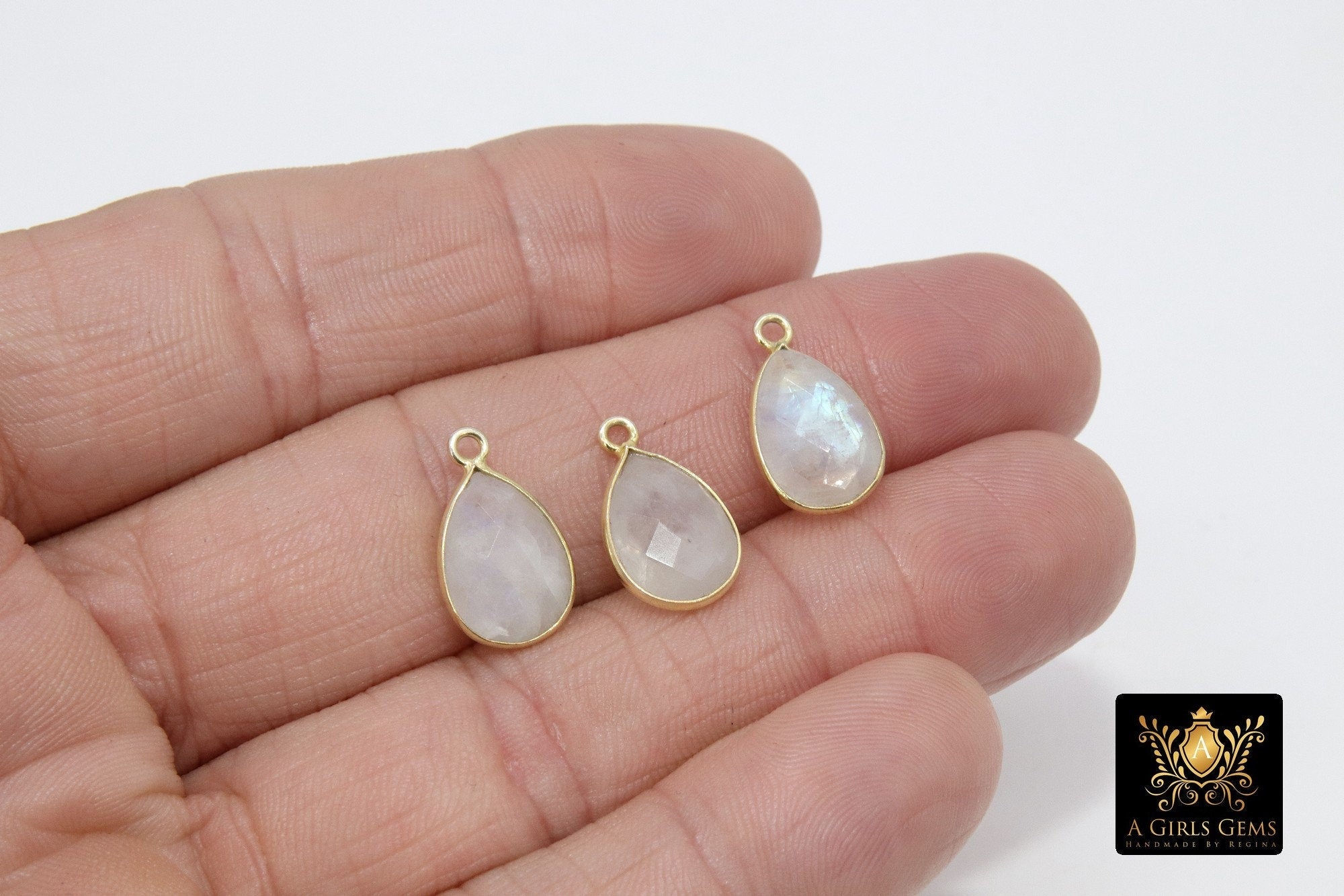 Moonstone Teardrop Charms, Gold Plated Oval White Gemstones #2853, Sterling Silver Birthstone Pendants