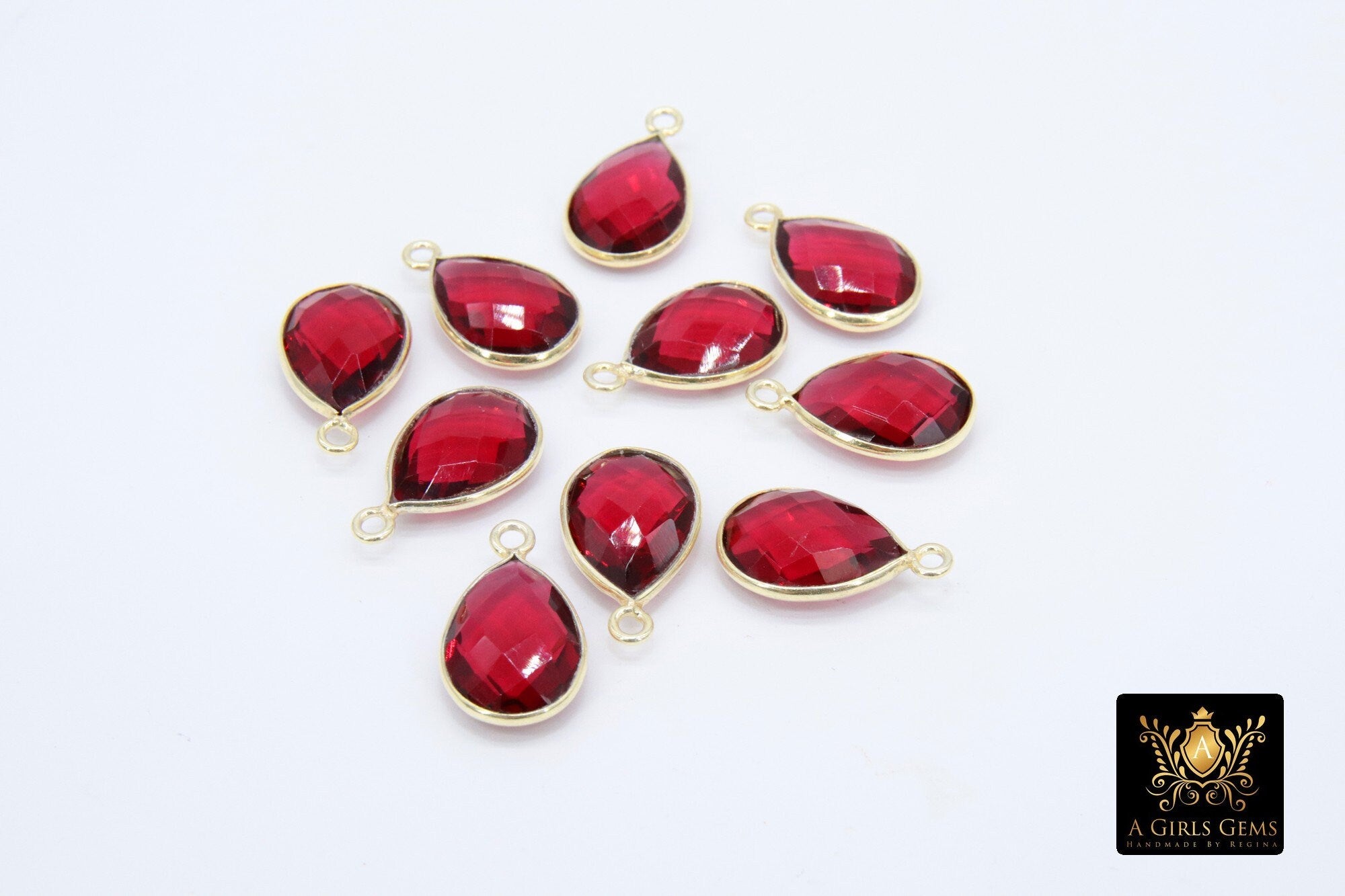 Pink Tourmaline Teardrop Charms, Gold Plated Oval Pink Gemstones #2855, Sterling Silver Red October Birthstone