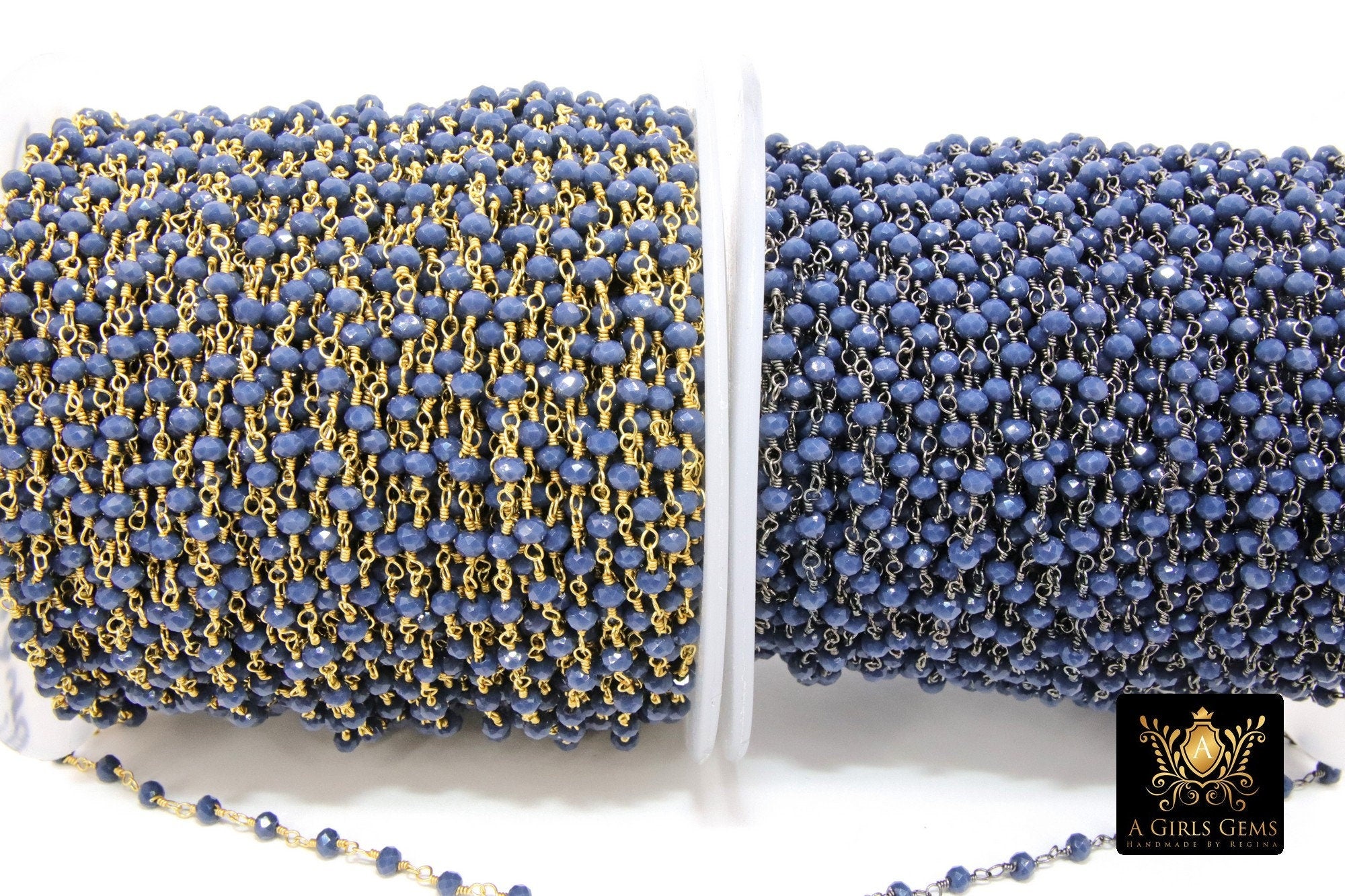 22 k Gold Plated Sapphire Blue Crystal Rosary Chain CH #425, 4 mm Unfinished Bead Wire Wrapped Chains
