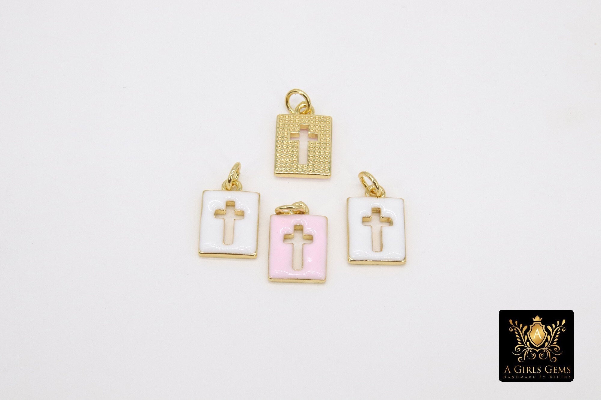 Gold Cross Charms, 9 mm Rectangle Tiny Charms in Pink or White Enamel #824, Rosary Bracelet
