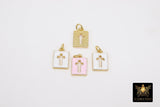 Gold Cross Charms, 9 mm Rectangle Tiny Charms in Pink or White Enamel #824, Rosary Bracelet