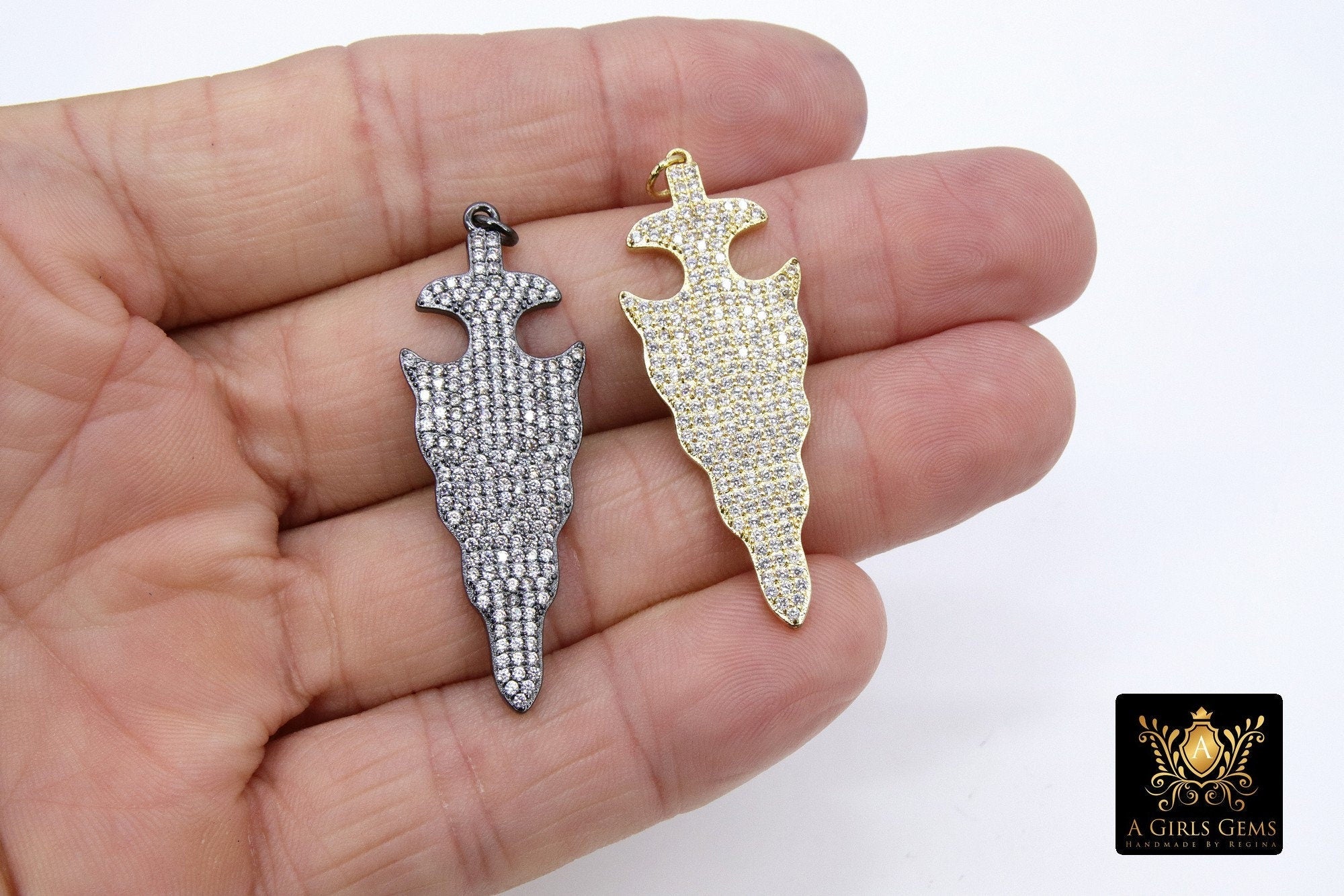 CZ Dagger Charms, Micro Pave Cubic Zirconia Arrowhead Charm #300, Gold or Black Plated Triangle Shape Arrow Pendants