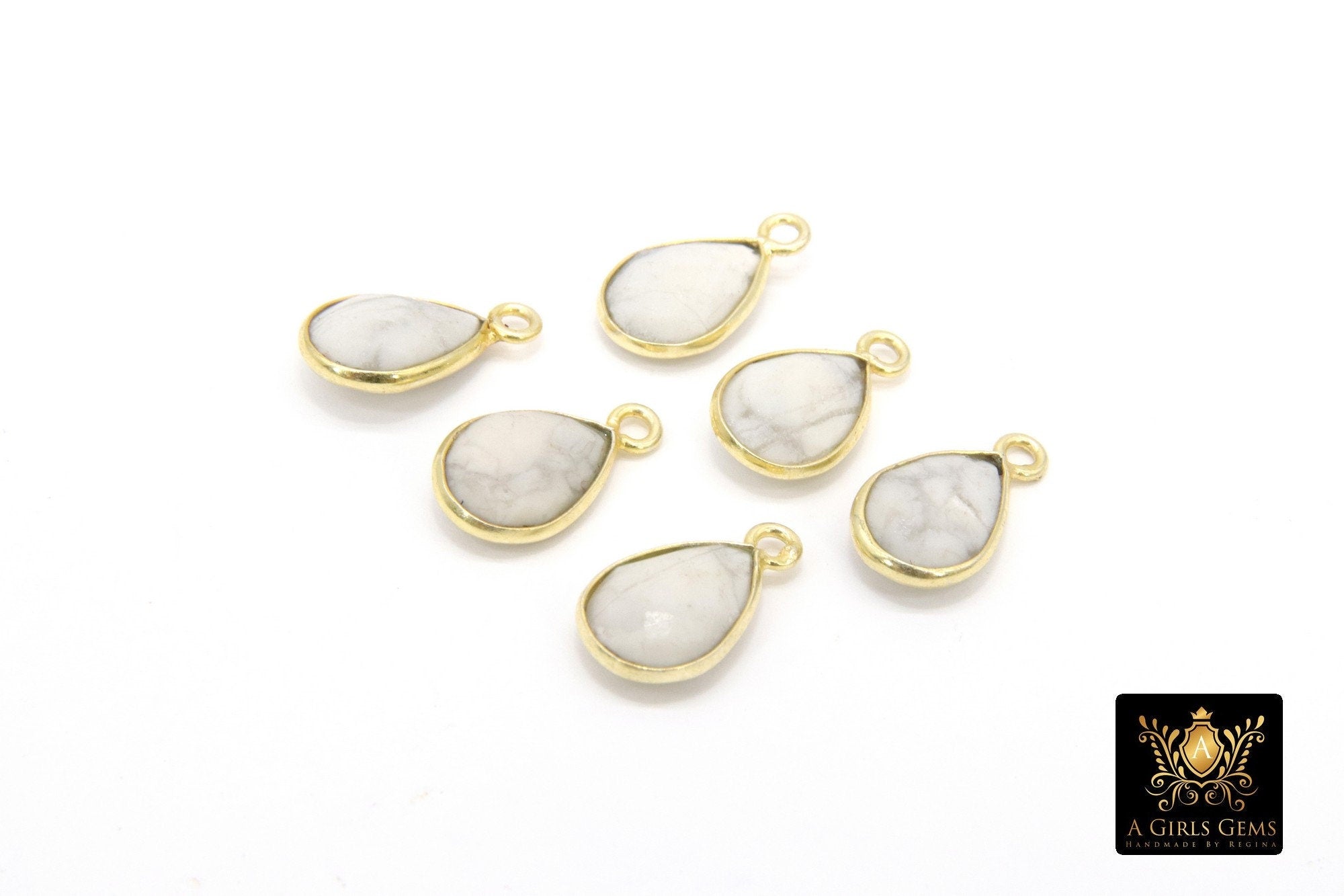 White Turquoise Teardrop Charms, Gold Plated Oval White Gemstones #2858, Sterling Silver Birthstone Pendants
