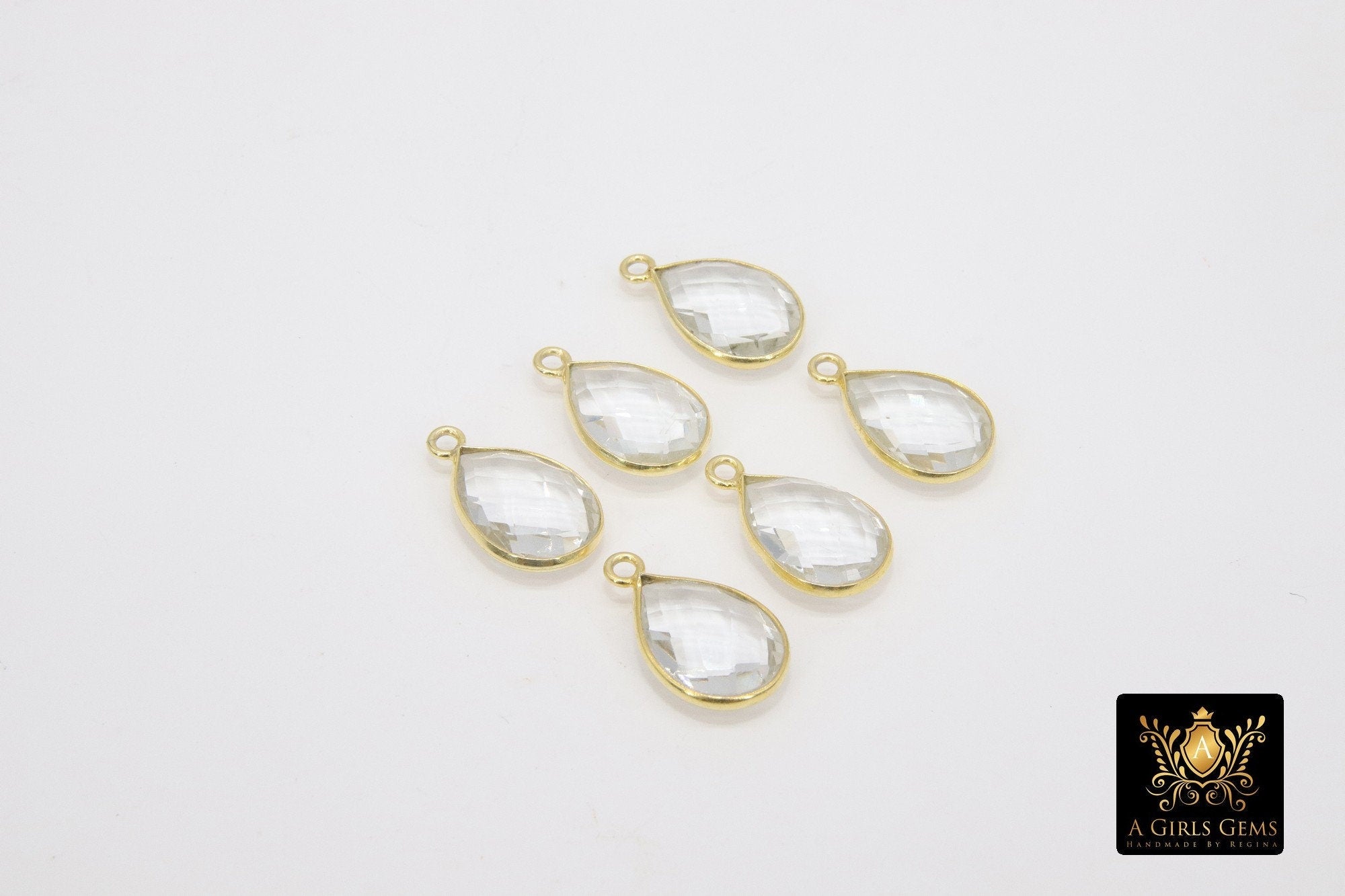 Crystal Quartz Teardrop Charms, Gold Plated Faceted Clear Gemstones #2859, Sterling Silver Birthstone Pendants