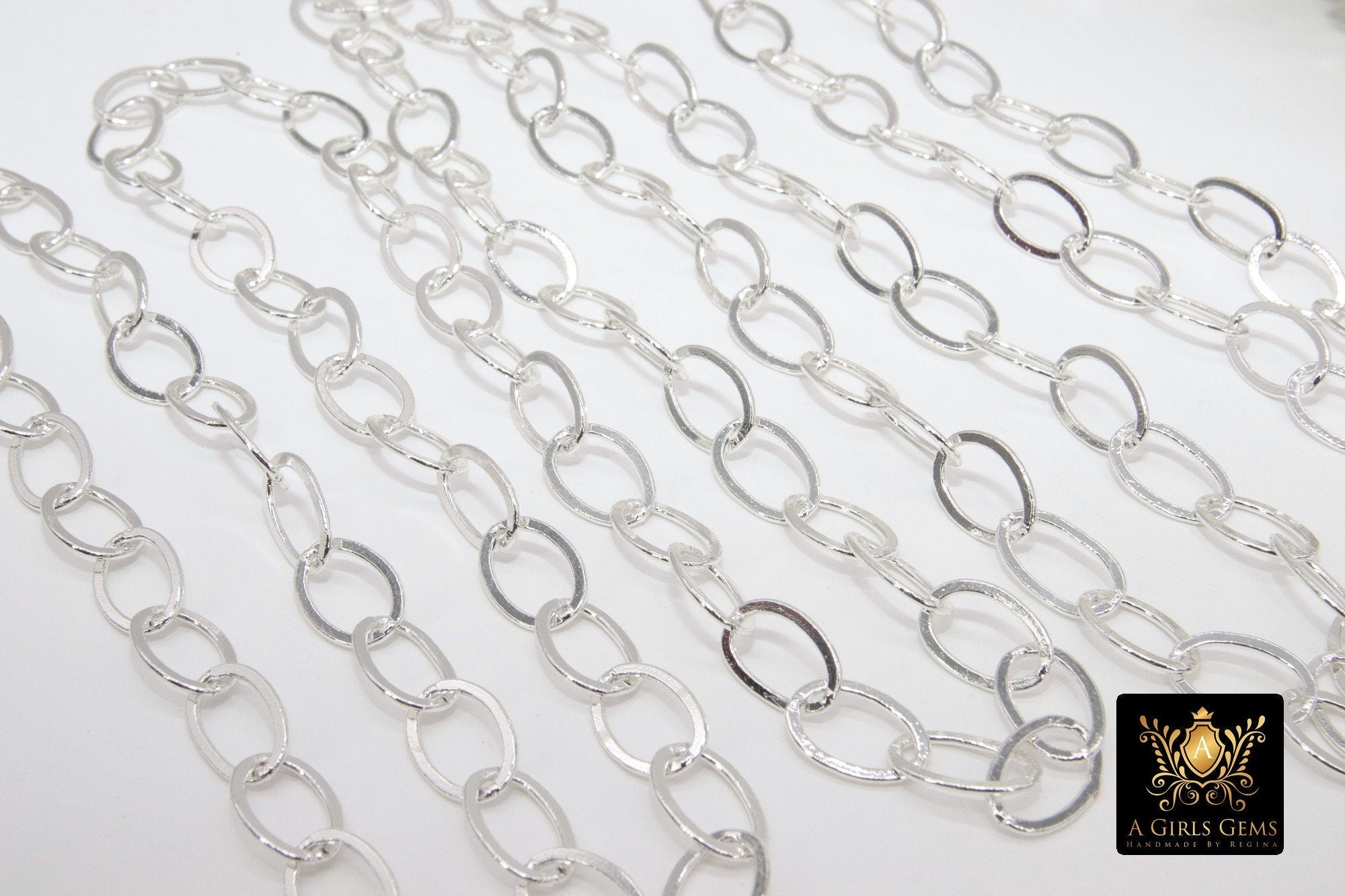 Silver Oval Chain, Gold Flat Oval Cable Chains CH #202, Unfinished 8 x 10 mm Gold Rolo Oblong Paperclip Chains
