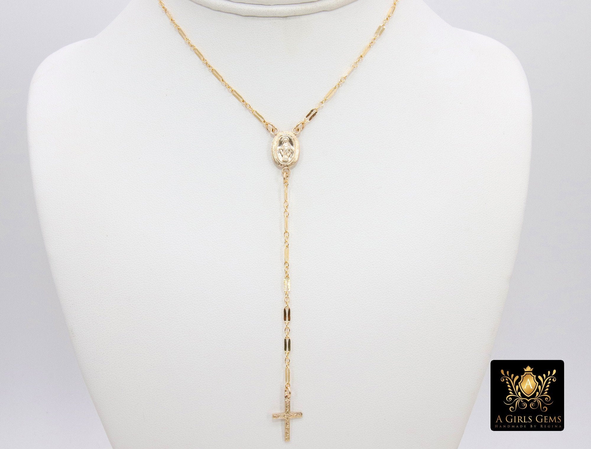 14 K Gold Cross Rosary Necklace, Virgin Mary Rosary Sequin Chain Necklace, Religious Dainty Medallion