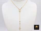 14 K Gold Cross Rosary Necklace, Virgin Mary Rosary Sequin Chain Necklace, Religious Dainty Medallion
