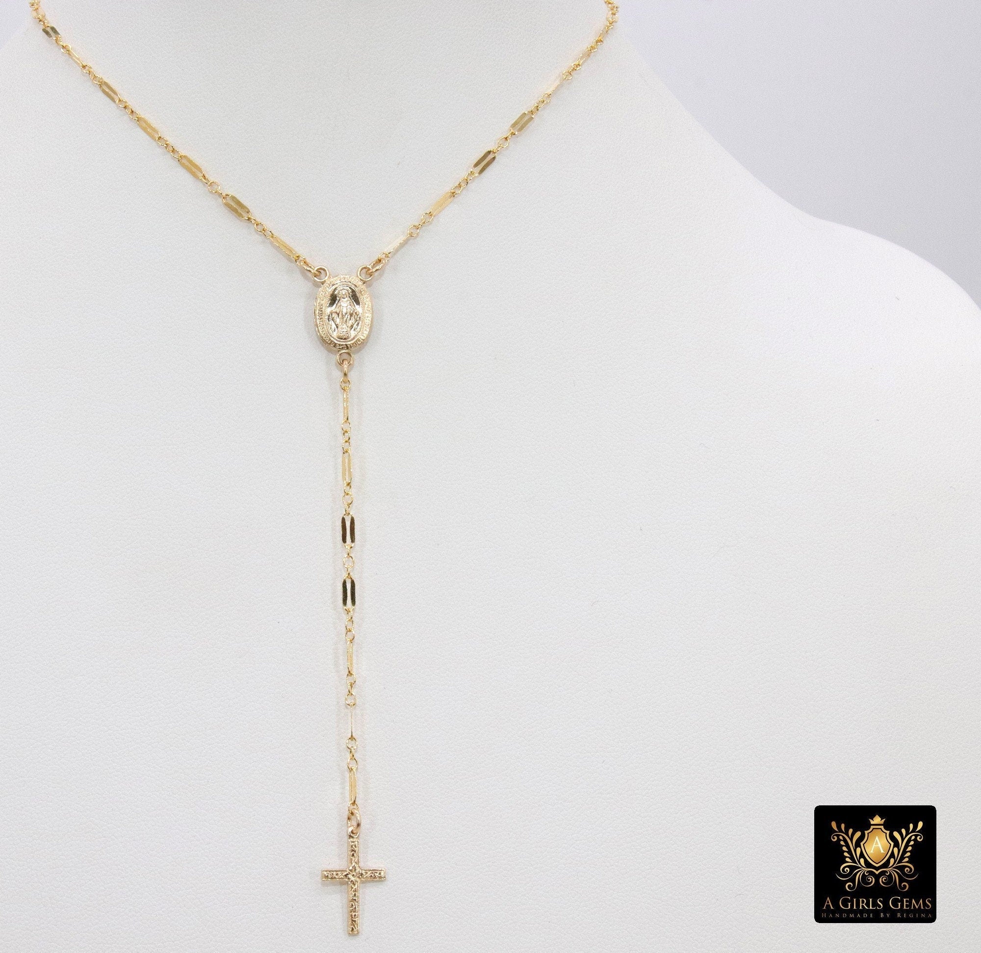 14 K Gold Filled Rosary Cross Necklace, Religious Miraculous Mary Madonna Lariat