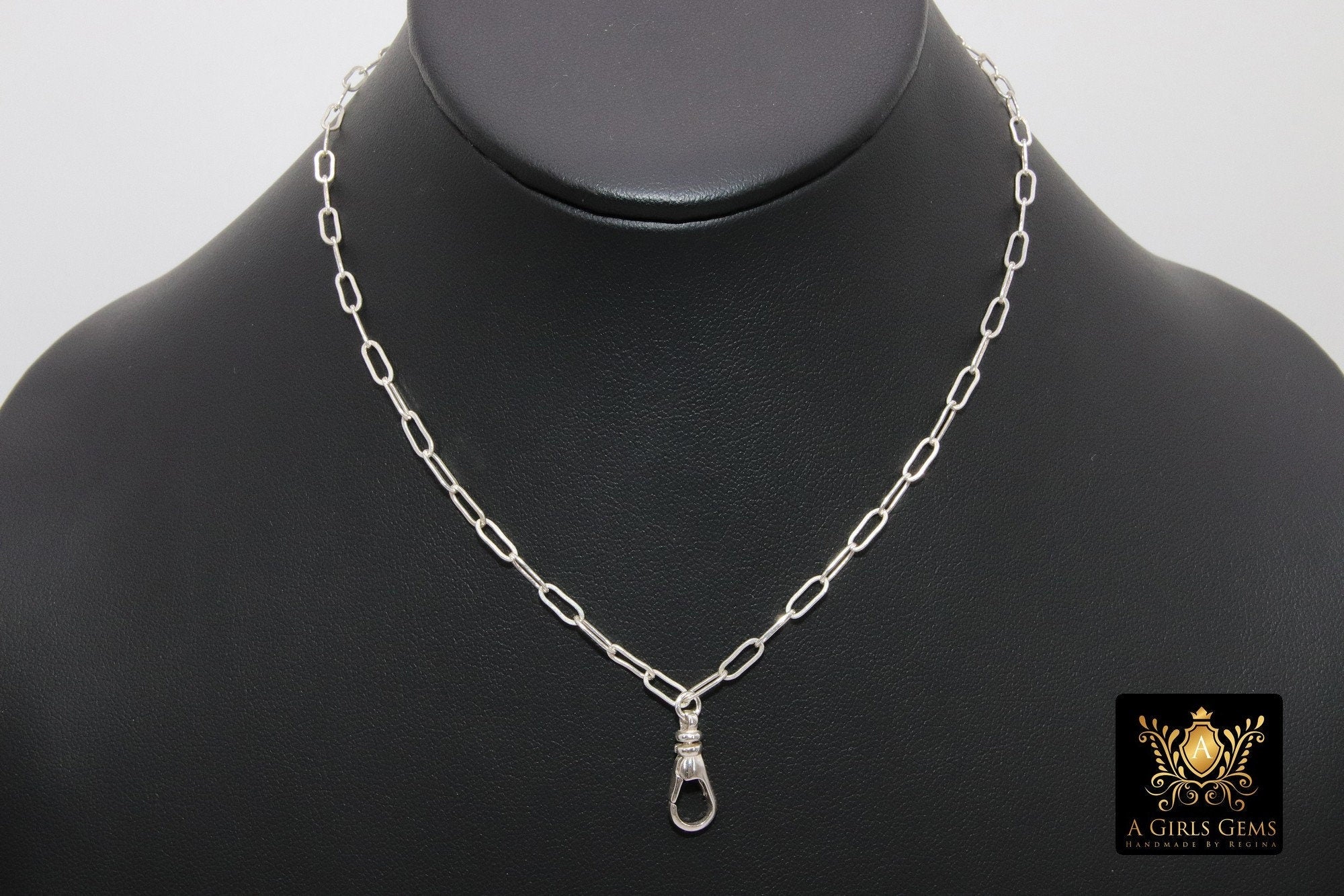 Silver Swivel Fob Chain Necklace, 925 Sterling Silver Drawn Rectangle Chain, Front Clasp Paperclip Chain Link Choker