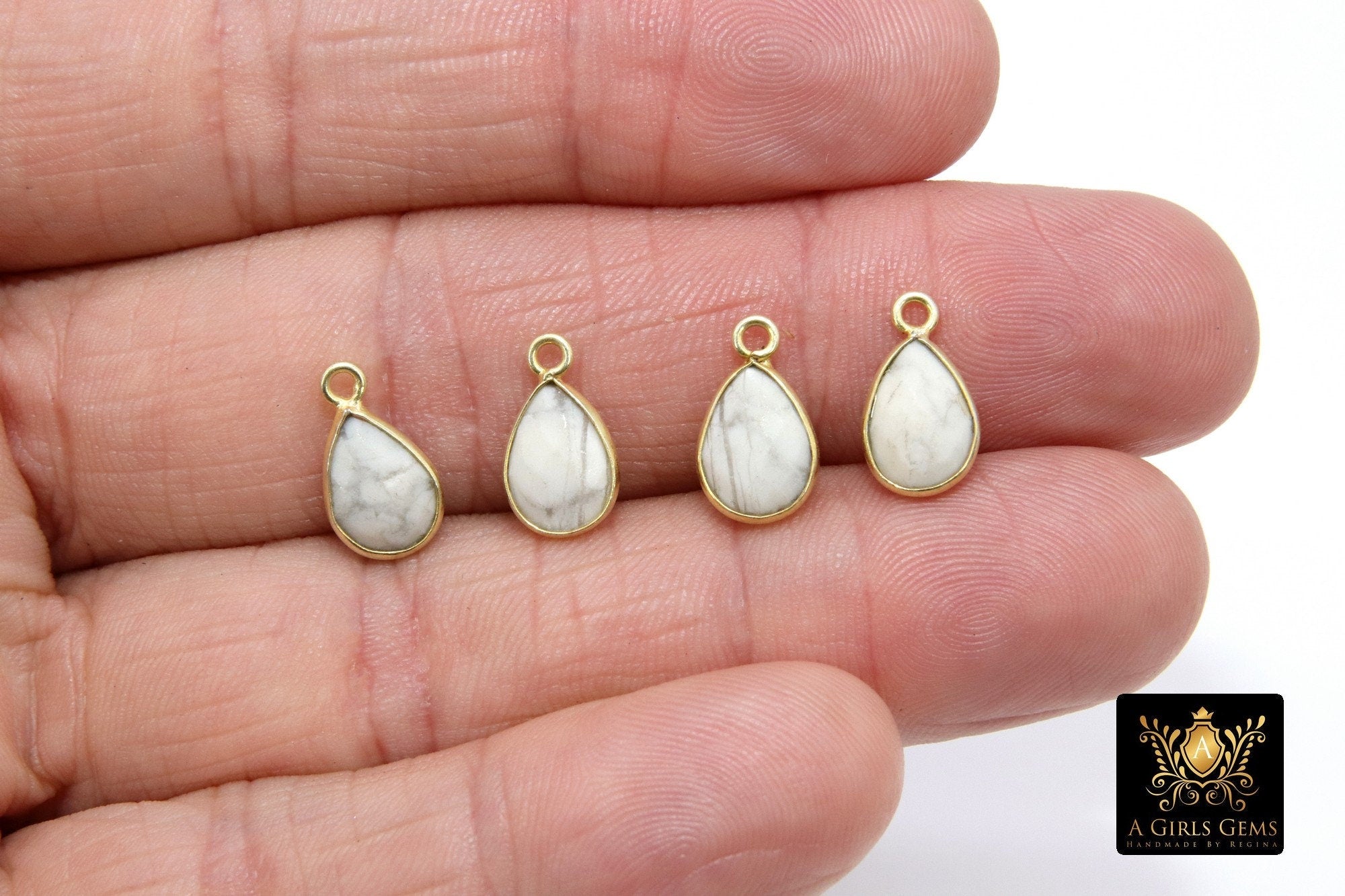 White Turquoise Teardrop Charms, Gold Plated Oval White Gemstones #2858, Sterling Silver Birthstone Pendants
