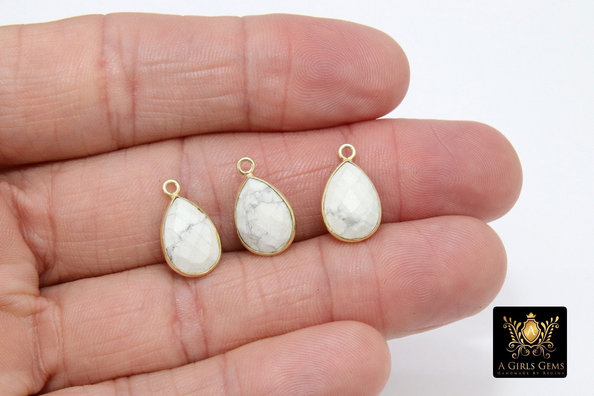 White Turquoise Teardrop Charms, Gold Plated Oval White Gemstones #2858, Sterling Silver Birthstone Pendants