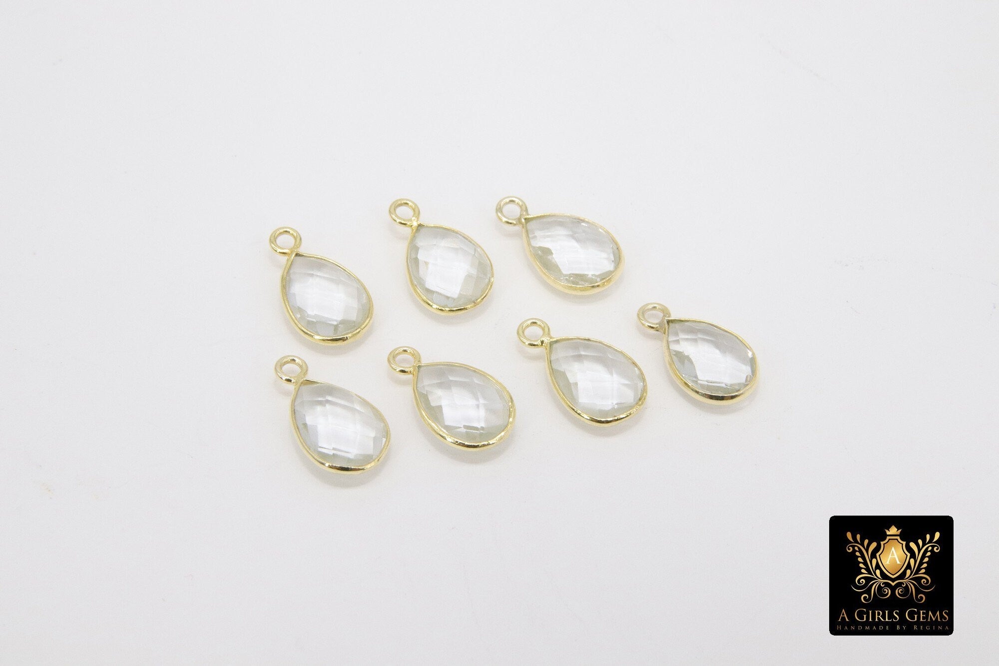 Crystal Quartz Teardrop Charms, Gold Plated Faceted Clear Gemstones #2859, Sterling Silver Birthstone Pendants
