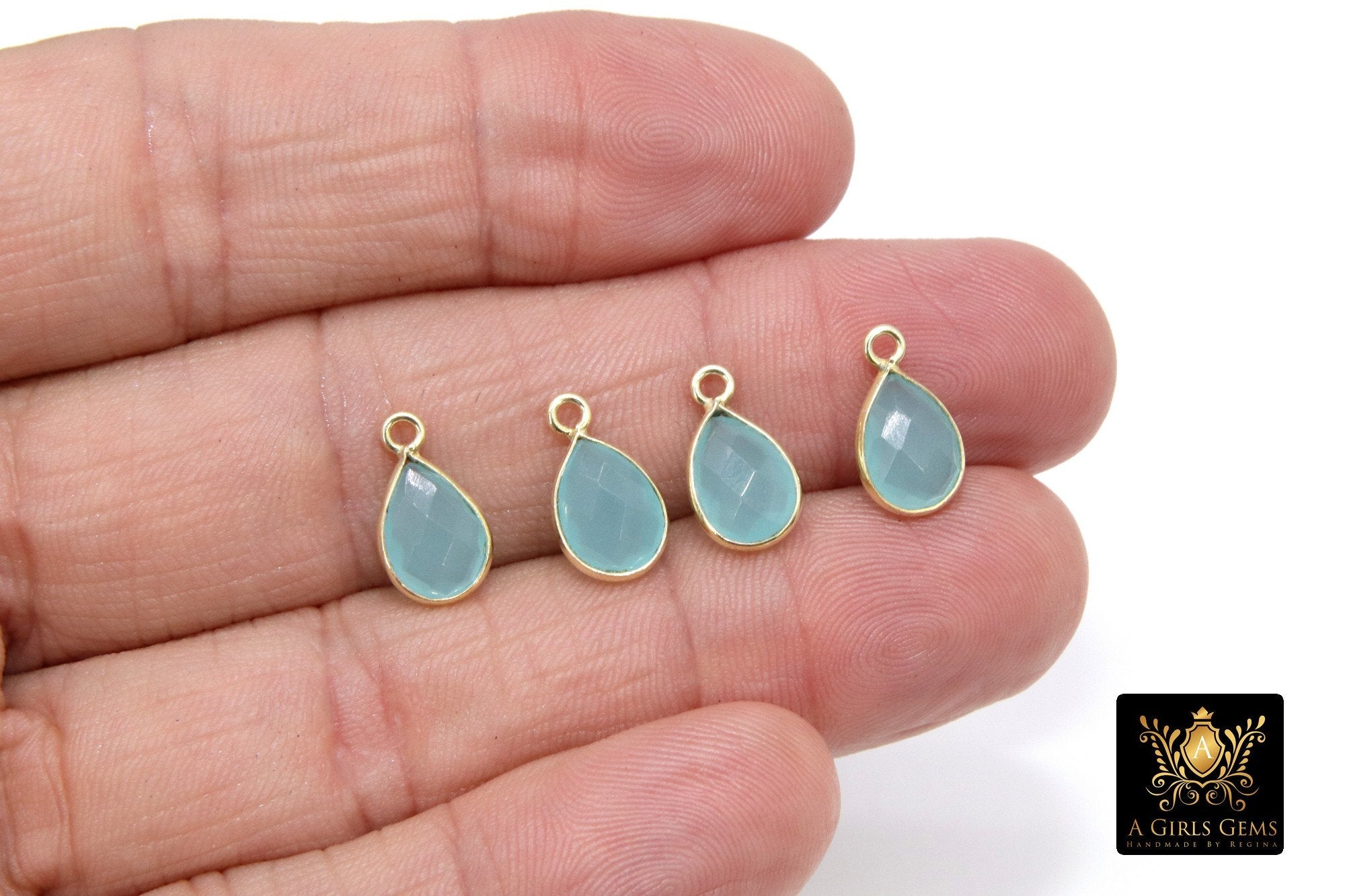 Peru Chalcedony Teardrop Charms, Gold Plated Faceted Aqua Mint Gemstones #2861, Sterling Silver Birthstone Pendants