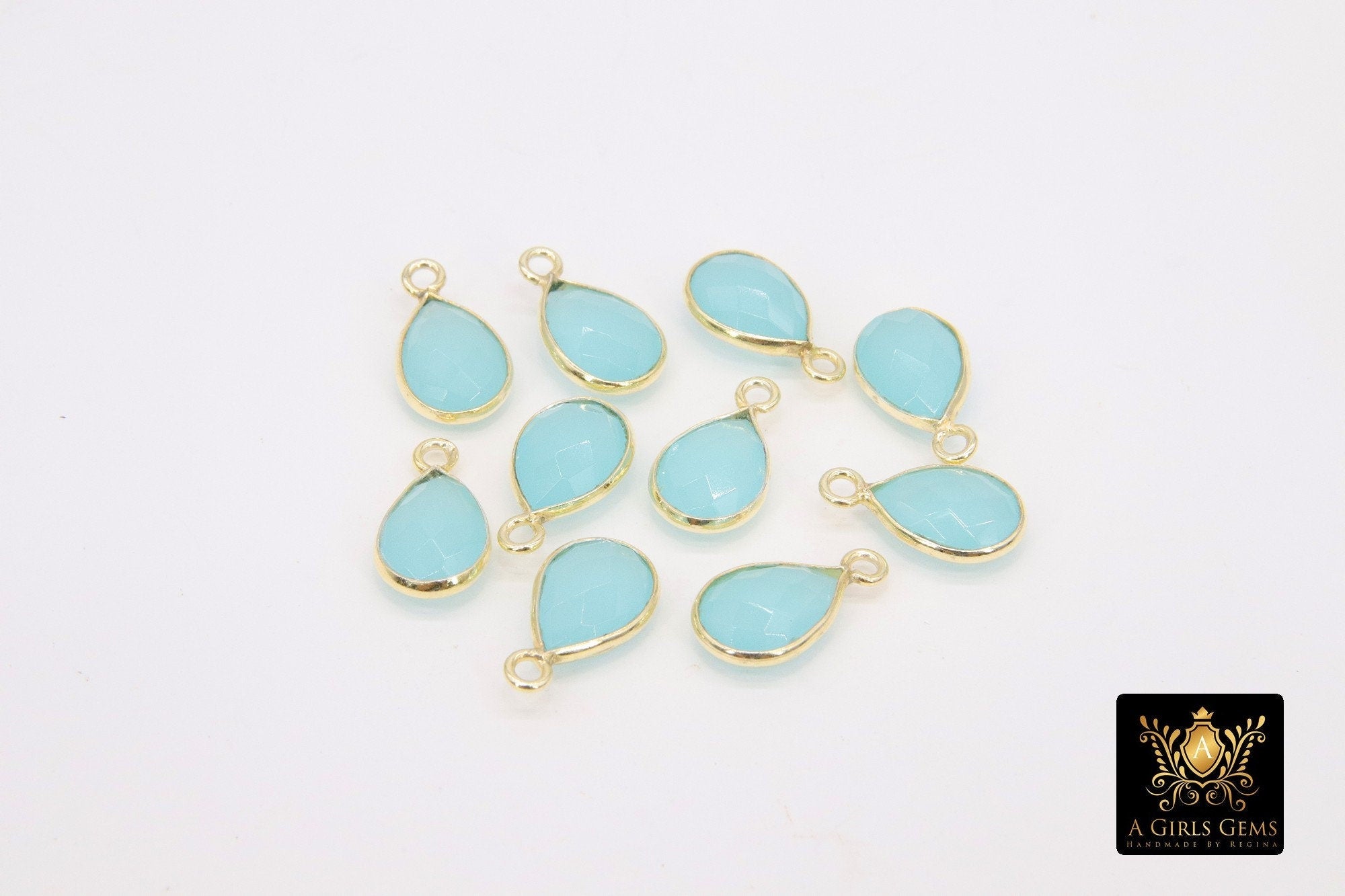 Peru Chalcedony Teardrop Charms, Gold Plated Faceted Aqua Mint Gemstones #2861, Sterling Silver Birthstone Pendants