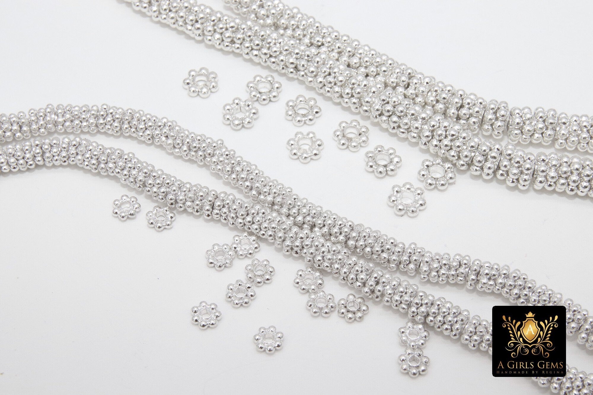 Silver Petal Spacer Beads, 20-125 pcs Round Brushed Bright Silver Daisy Discs #2902, Flower Bumpy Rondelle