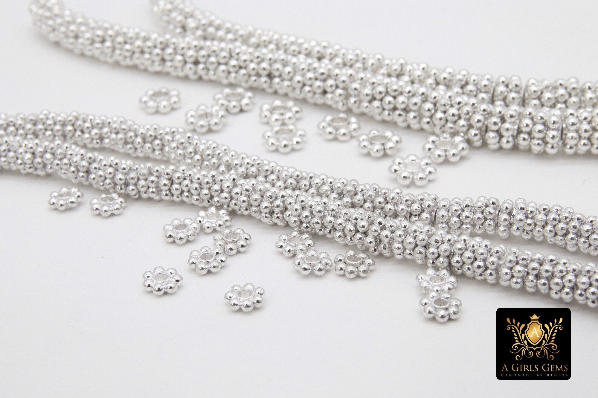 Silver Petal Spacer Beads, 20-125 pcs Round Brushed Bright Silver Daisy Discs #2902, Flower Bumpy Rondelle