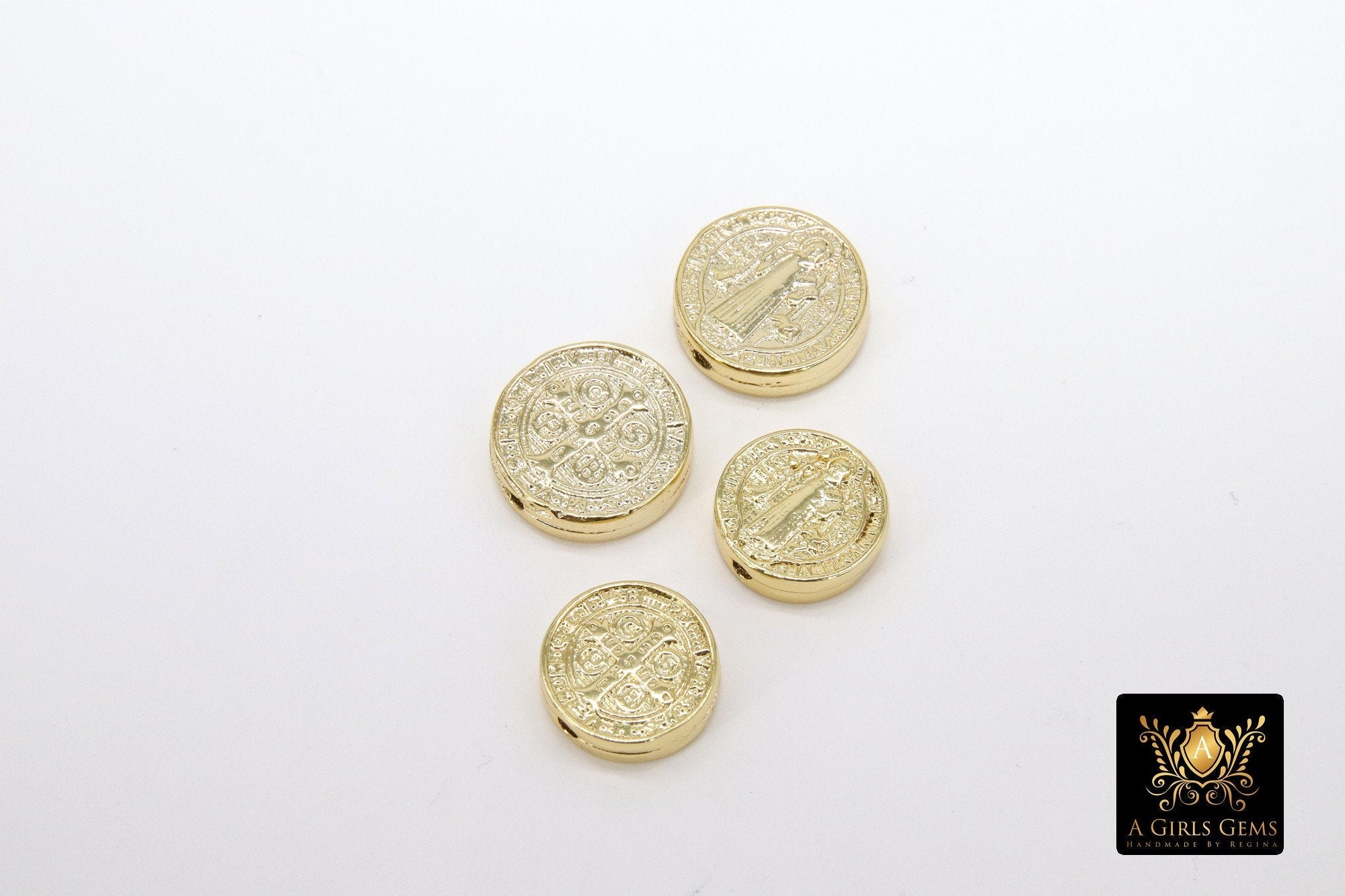 Gold St. Benito Beads, 11 or 14 mm Cross St. Benedict Round Bead #2836, Dime Size Round Medallion Medals