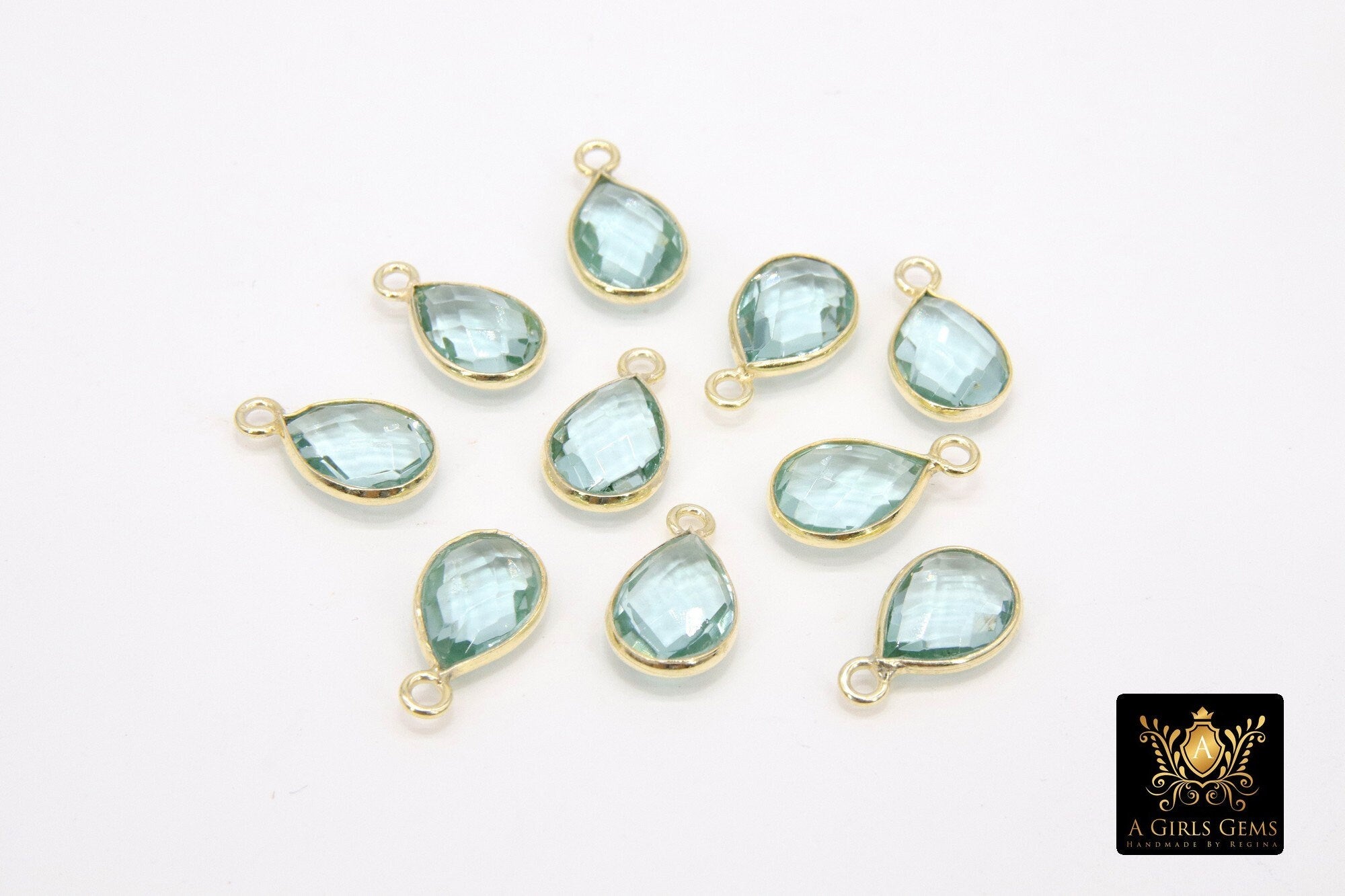 Aquamarine Teardrop Charms, Gold Plated Faceted Blue Aqua Gemstones #2844, Sterling Silver Birthstone Pendants