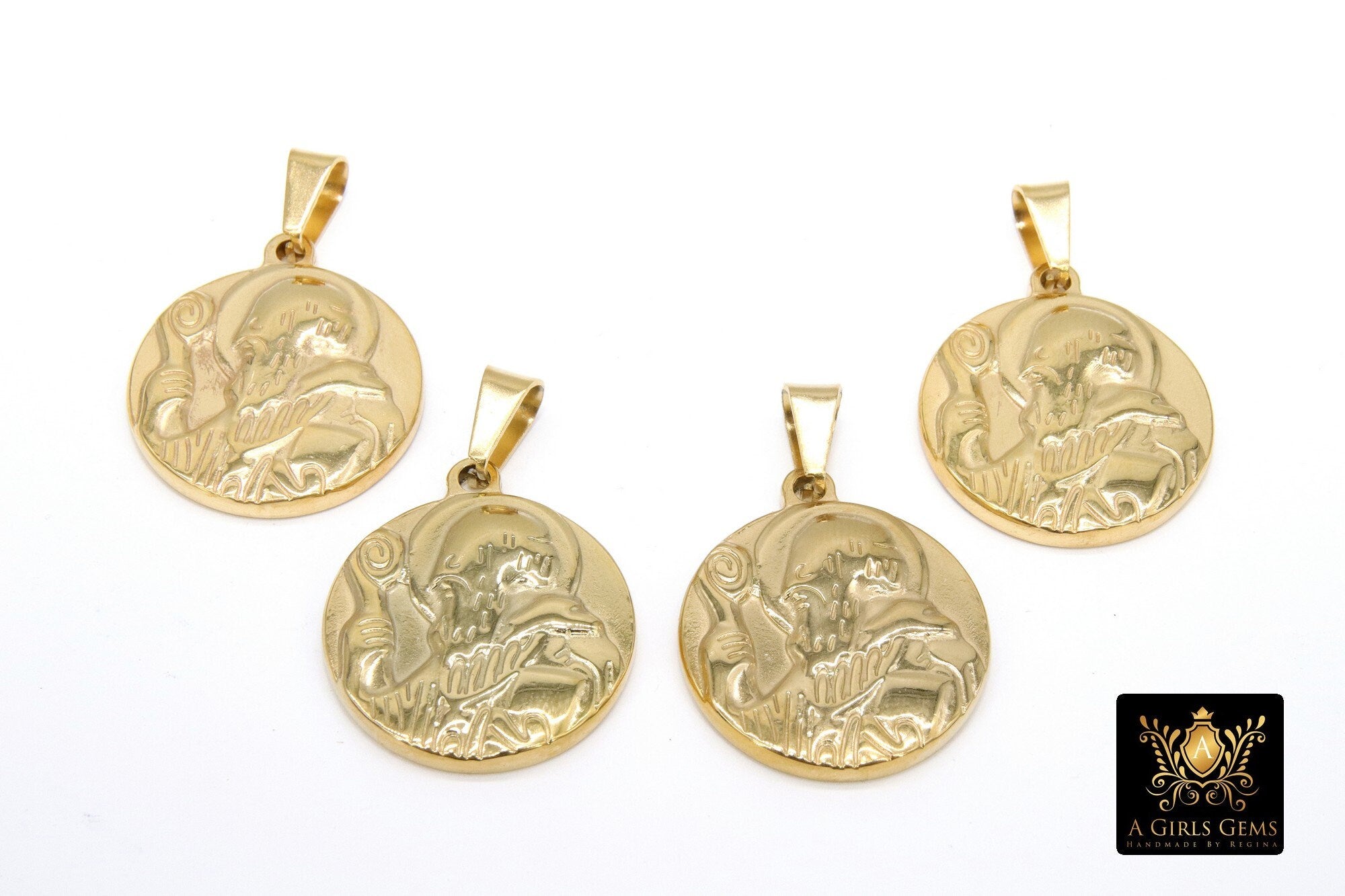 Gold St. Benito Pendants, 25 mm St. Benedict Rosary Necklace #3149, Steel Round Medallion Cross Charm Medals